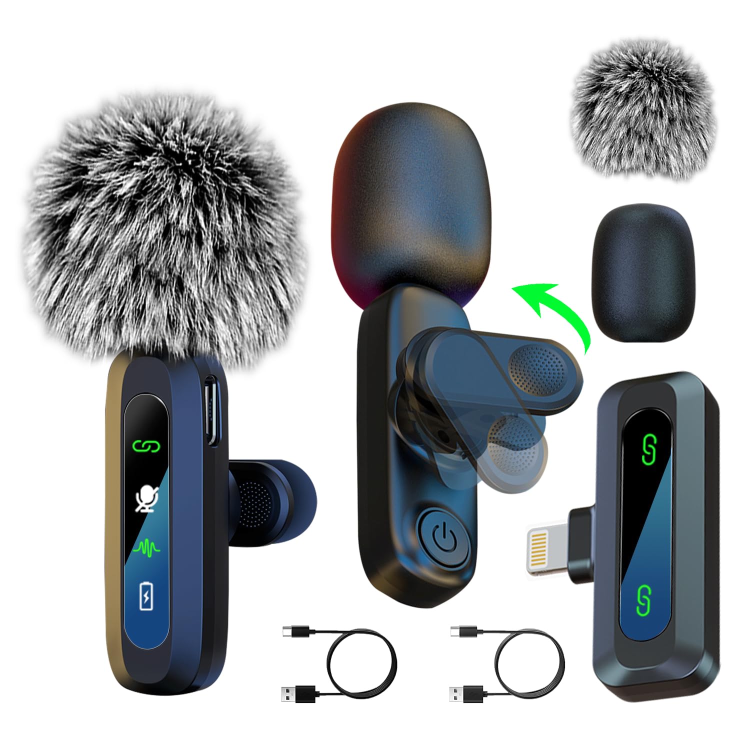 Wireless Lavalier Microphone for iPhone – 2Pac Mini Microphones with Digital Display,360° Rotatable Clip, Noise Cancelling,6Hrs Voice Recording, Lapel Mic for Creators (Lightning 1R2T, Black)