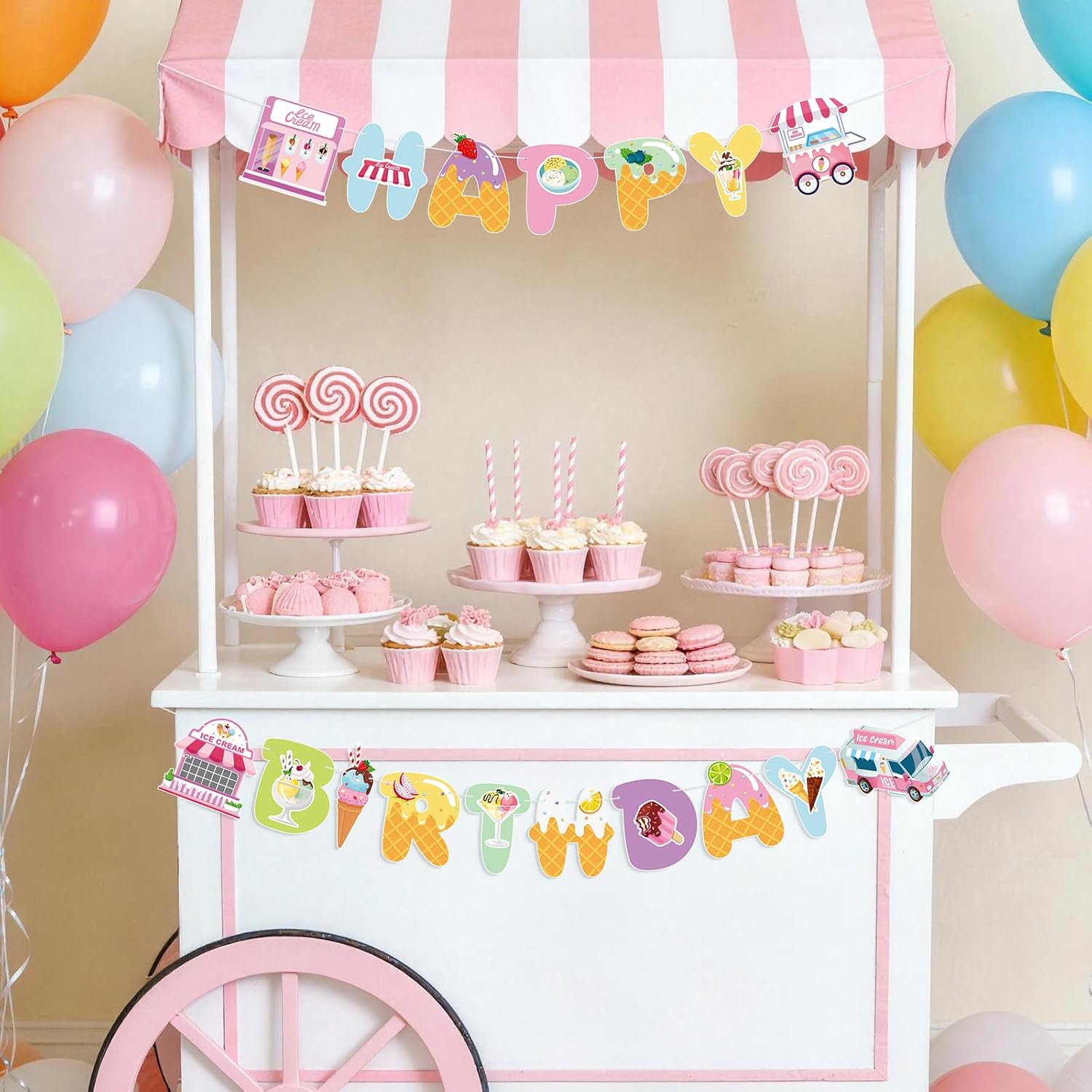 Ice Cream Happy Birthday Banner Ice Cream Truck & Parlor Cutout Garland for Girls Summer Sweet Treat Baby Shower Decorations