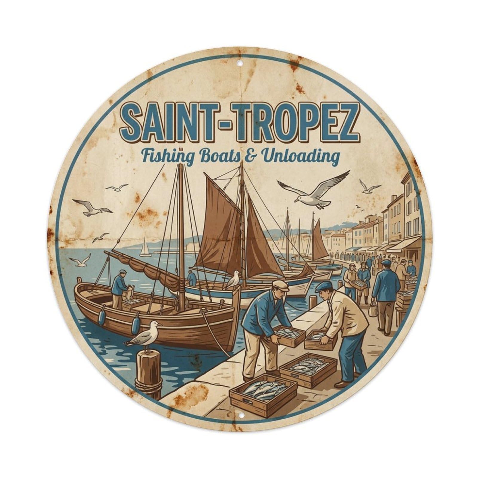 Fishing Boats Unloading Saint Tropez Riviera Travel Metal Tin Sign