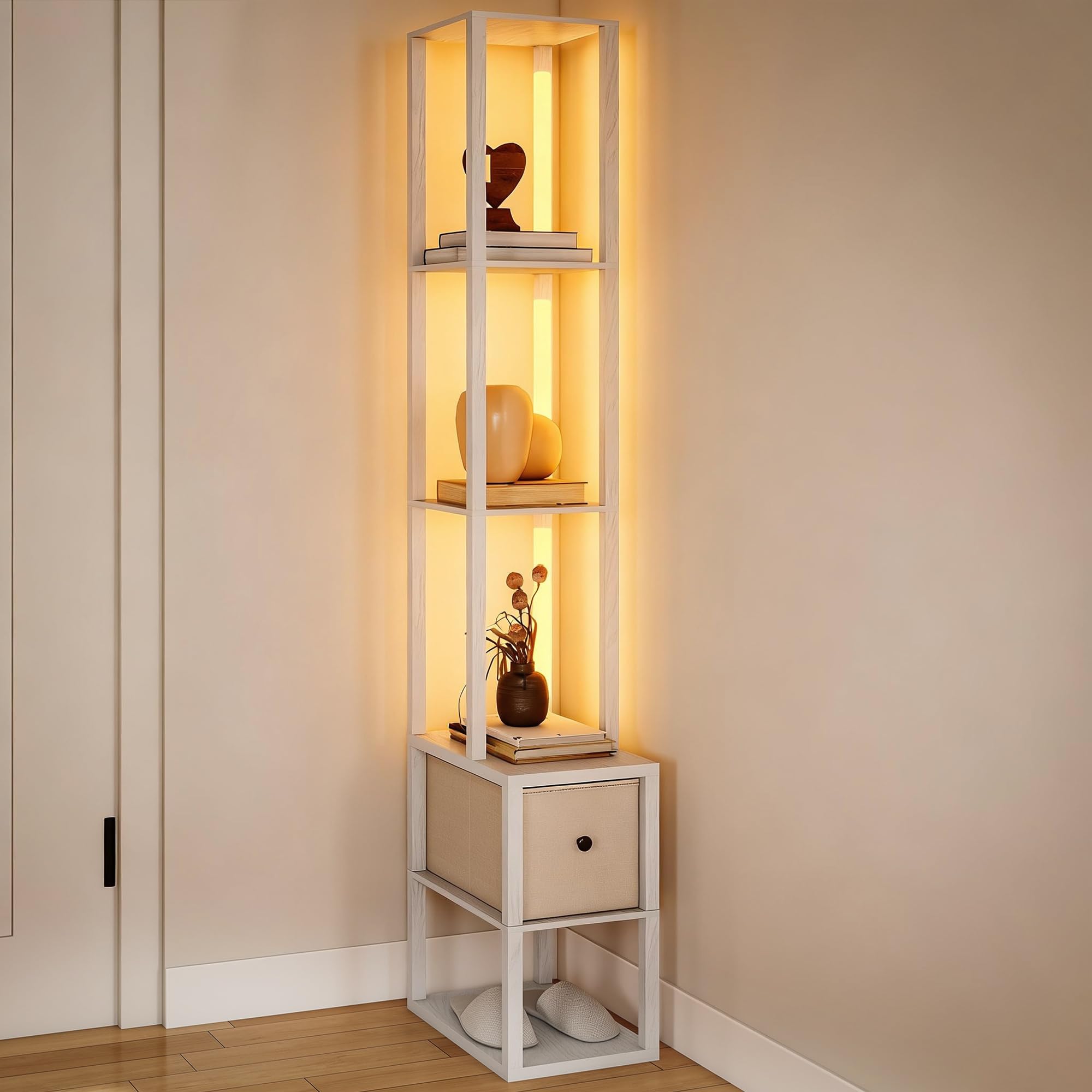 HOMCOM Floor Lamp with Shelves, LED Column Modern Standing Lamp with Fabric Drawer, Adjustable Brightness, Foot Switch for Living Room, Bedroom, Office, White