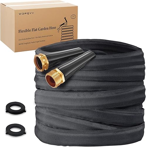 Manguera de jardín plana ligera de 50 pies, manguera de agua tejida 800D con accesorios de aluminio y cobre de 34 pulgadas con 2 arandelas de goma,