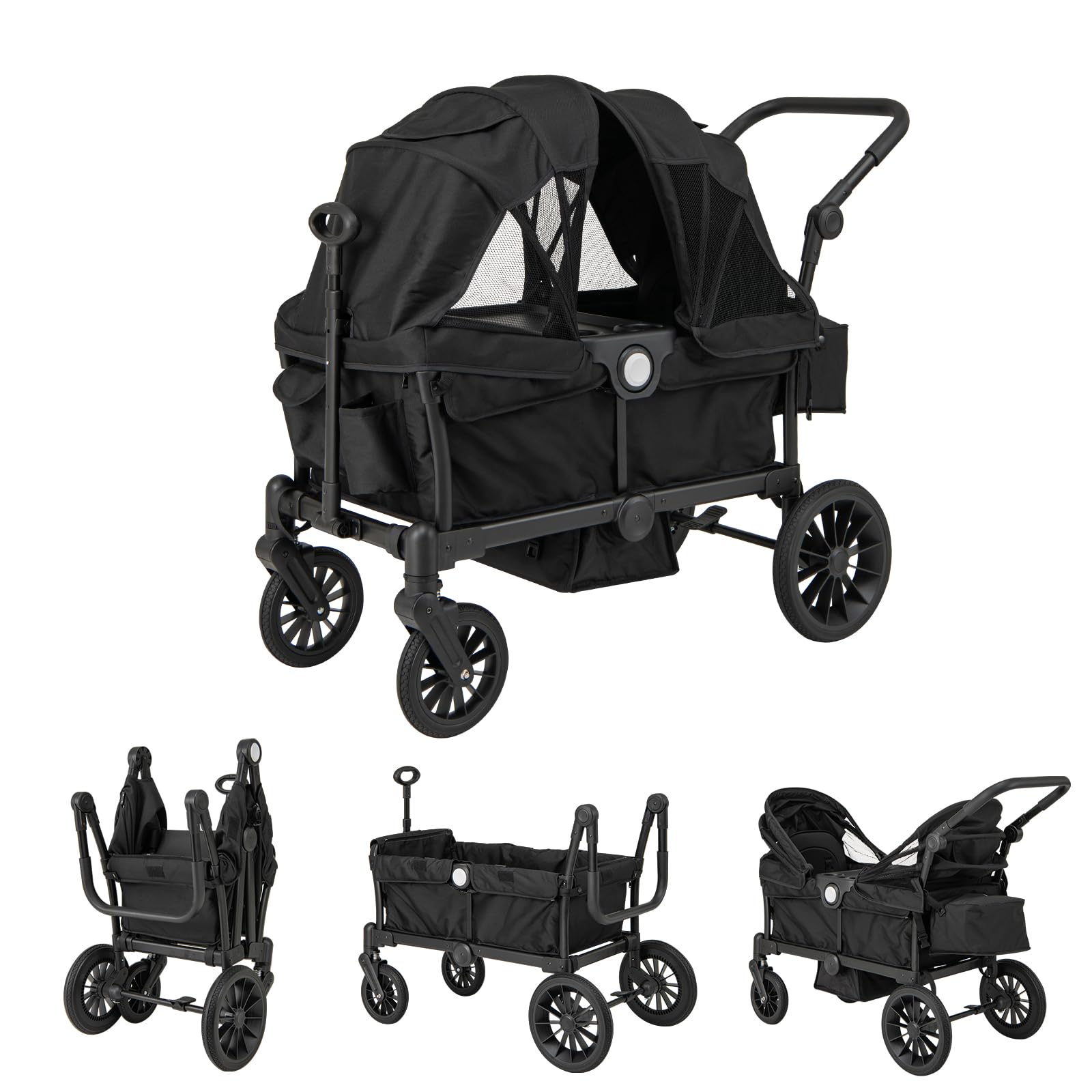 GOPLUS Poussette Double Bébé 6+ Mois, Poussette Landau Pliable avec Roues Tout-terrain, Canopée Pliable, Poignée Réglable, Ceinture de Sécurité, Espace de Rangement, Charge 25KG (Noir)