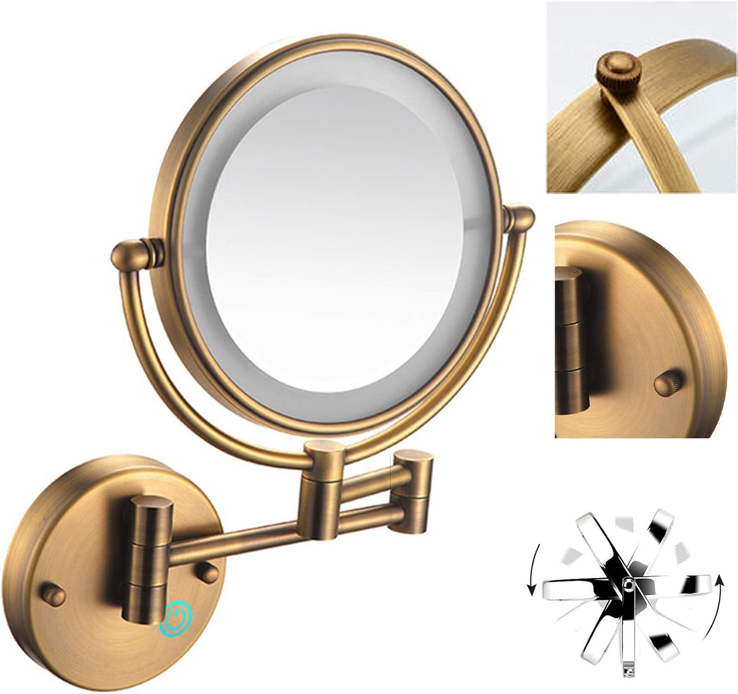 ZJBB Wall Mounted Bathroom Mirror 7X Magnifying, 360°Swivel and Extendable Makeup Mirror with Lights, Vanity Mirror with 3 Lighting Settings, Shaving Mirrors Made of Brass, Anti-Fog -