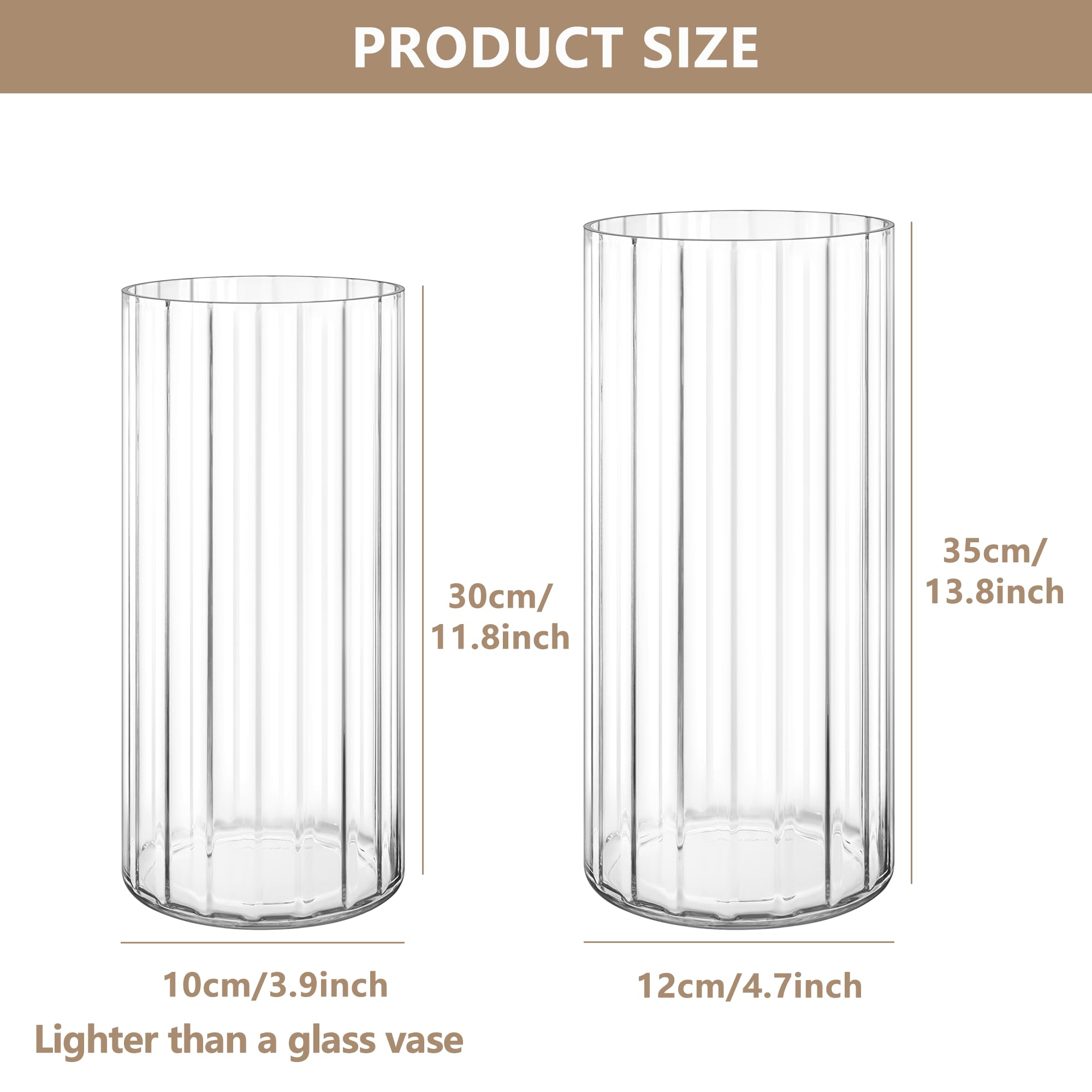 2er-Set Acrylvasen Transparent – Bruchsichere Kunststoff-Zylindervasen, Geriffelte Design Vasen Klar für Hochzeit, Tischdeko, Blumenarrangements, Wohnzimmer, Büro (10x30 & 12x35cm)