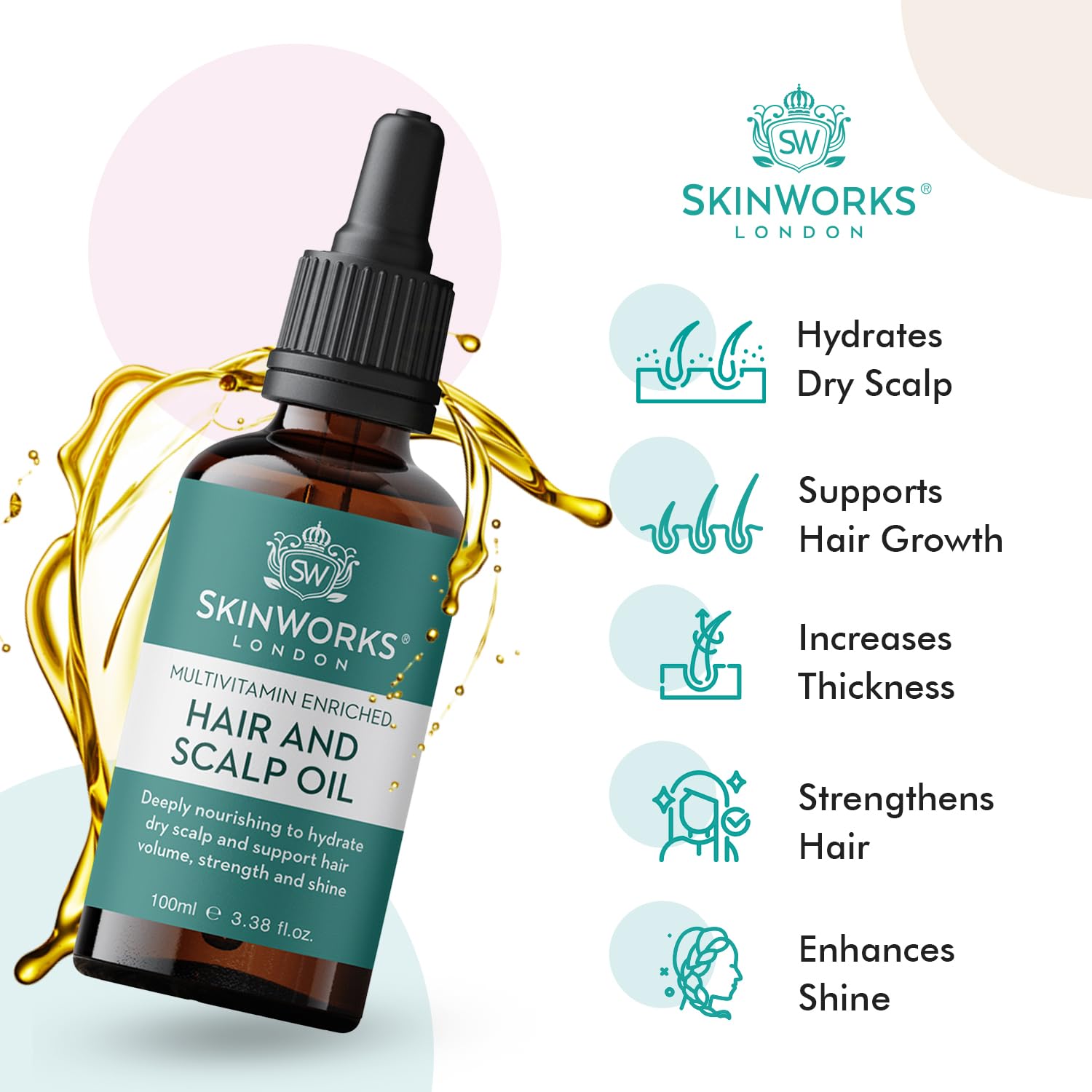 SkinWorks Multivitamin Enriched Hair Oil, 100ml treatment to hydrate dry scalp and support hair growth, thickness - Image 3