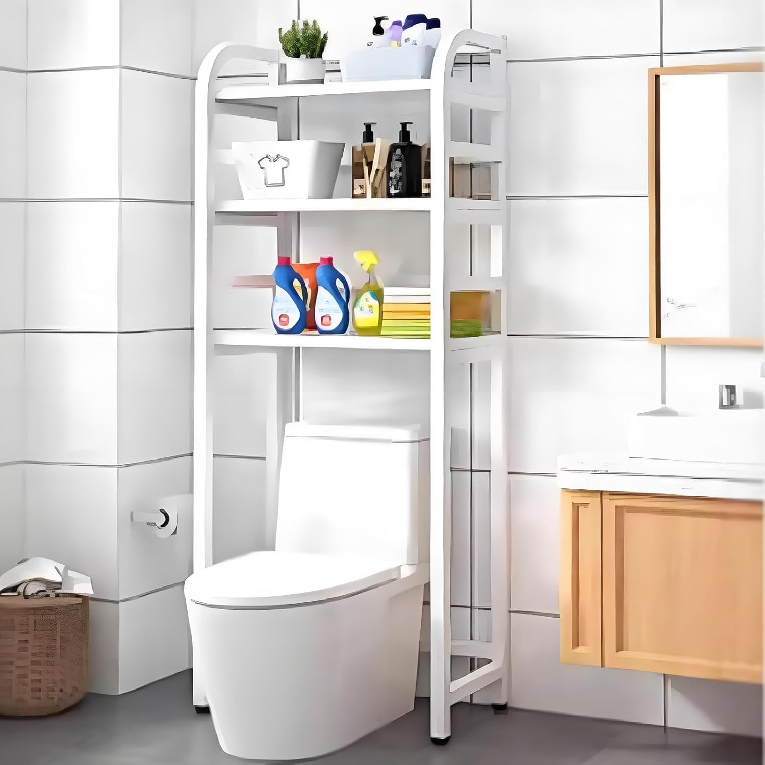 Over the Toilet Storage Cabinet, 3-Tier Toilet Bathroom Organizer Shelf, Freestanding Metal Frame Toilet Storage Rack, Multifunctional Space-Saving for Small Rooms(White,19.6x51.1inches/50x130c