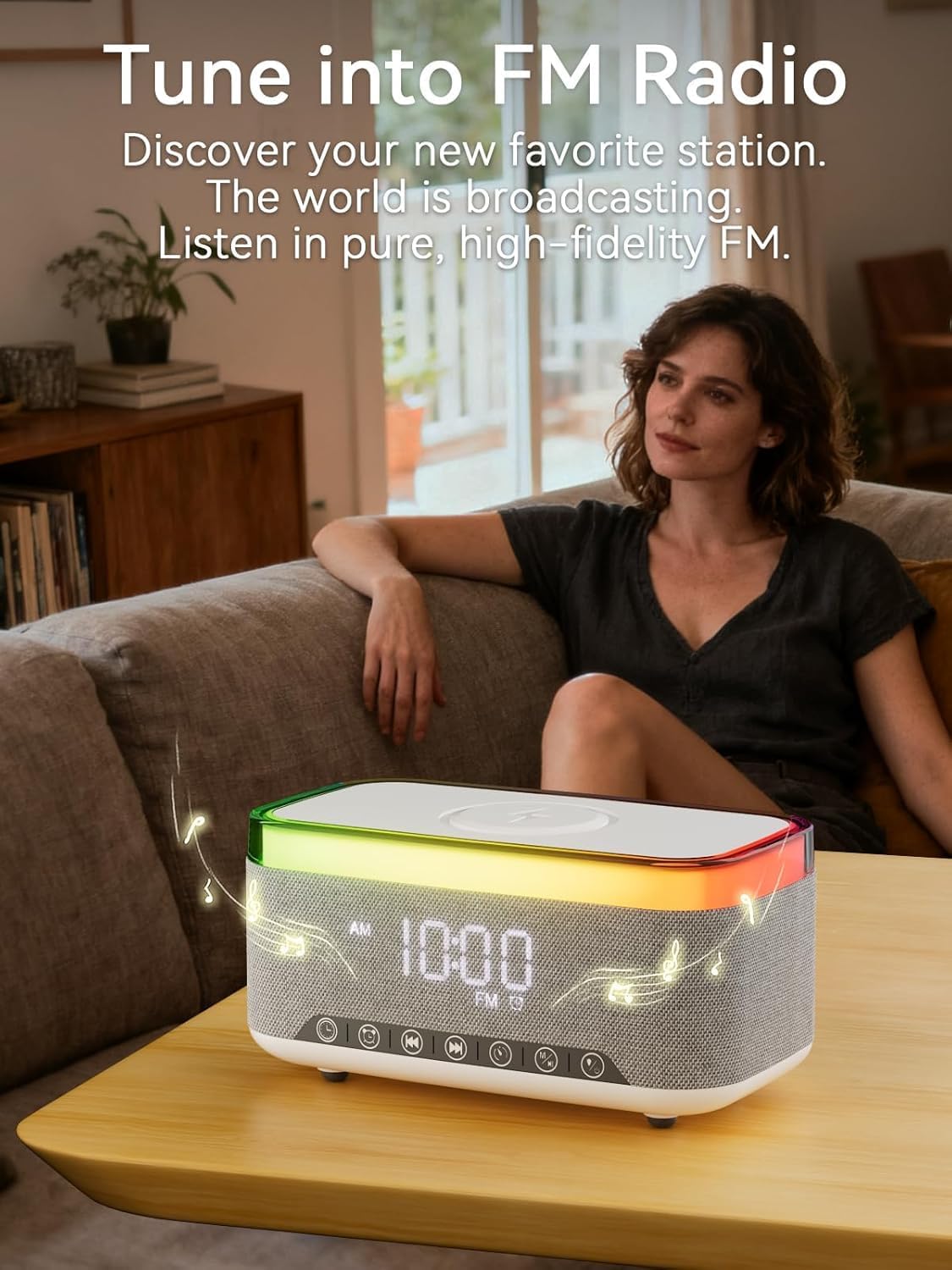 Bluetooth Speaker Alarm Clock with 10w Fast Wireless Charger for iPhone Samsung, 10W Stereo Bluetooth Speaker, 12-Color Night Light, White Noise Machine Digital Clock with FM Radio for Bedroom thumbnail