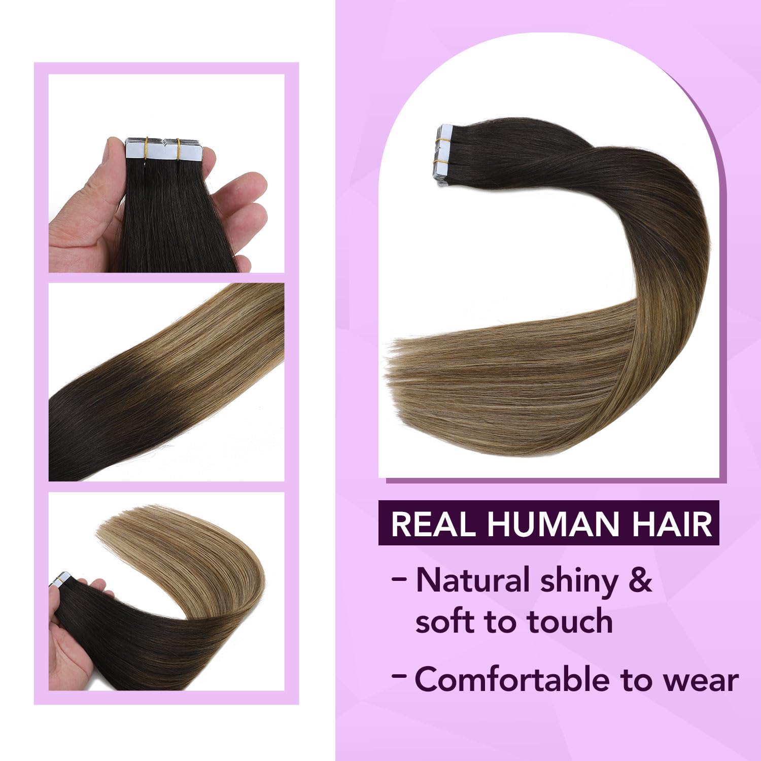 Sindra Haarverlängerung, Echthaar, selbstklebend, 55 cm, #1B427 | 20 Stück, 50 g, Schwarz bis Mittelbraun mit Karamellbraun, Extensions, Echthaar, unsichtbar, Volumen für Damen, 55,8 cm
