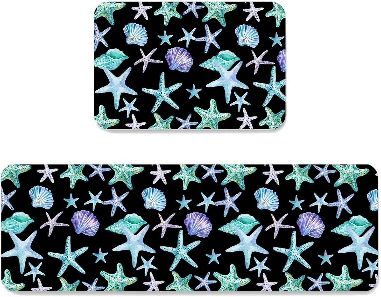 Ocean Starfish Shell Kitchen Mat Set 2 Pieces Summer Sea Watercolor Green Purple Marine Life Black Non Slip Kitchen Rugs Washable Runner Rug Mats for Sink Laundry (15.7" x 23.6"+15.7" x 47.2")