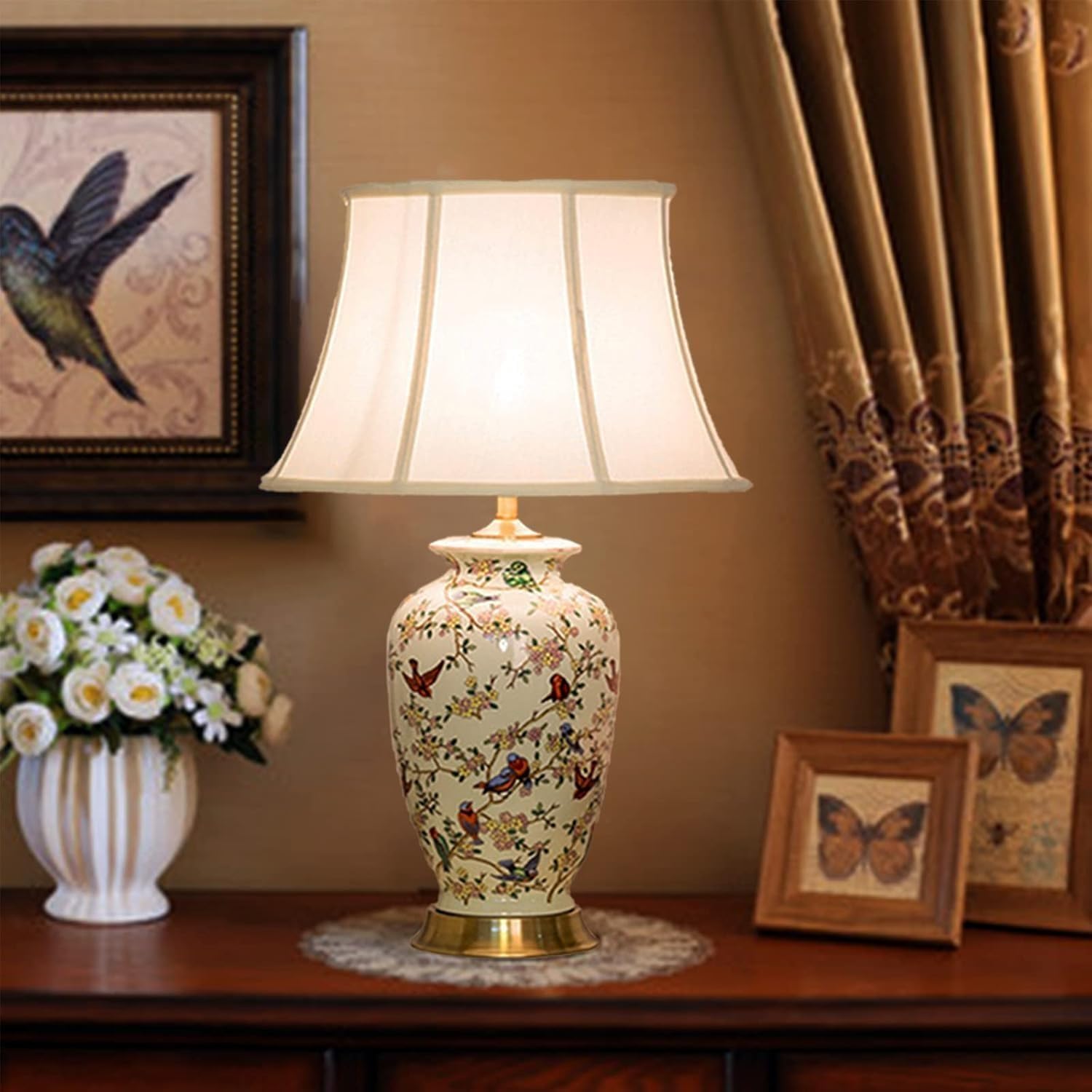 Kwiat i ptak ceramiczna lampa stołowa Chinoiserie biurko, tkanina bęben abażur, złota podstawa dekoracja sypialnia przy łóżku biuro