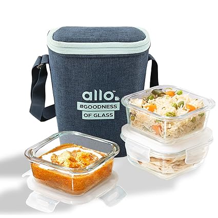 Allo Food Safe Borosilicate Glass Lunch Box, 450 degreeC Microwave Safe Lunch Box, Borosilicate Borosilicate Glass Tiffin for Office with Denim Blue Tiffin Bag, Set of 3, 320ml x 3, Square