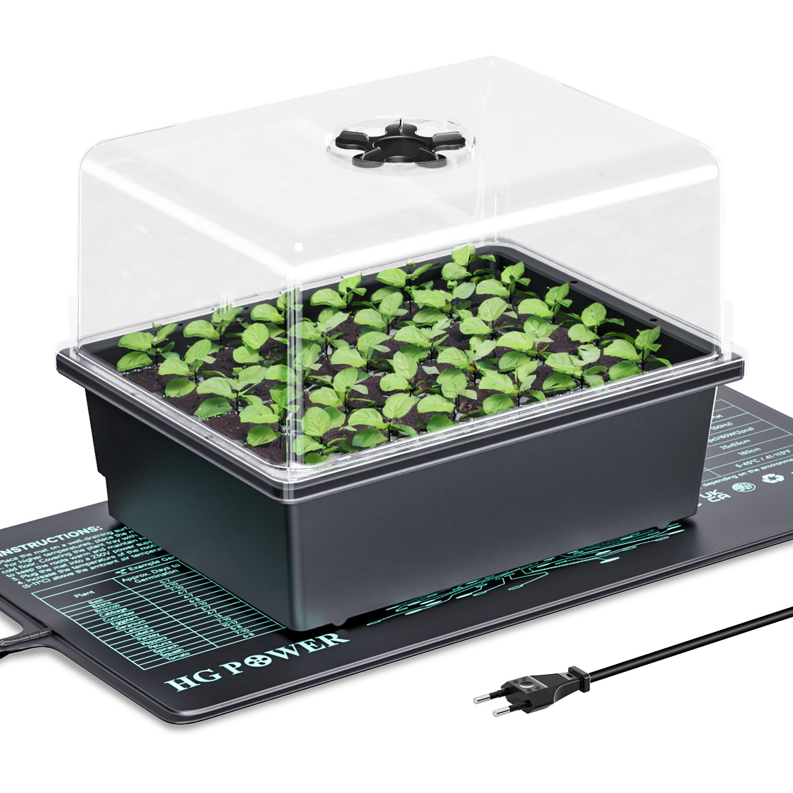 HG Power 55w Heizmatte Pflanzen Anzuchtkasten Opt., Zimmergewächshaus mit 30 Zellen und Anzuchthaube, für Sämlinge, Gemüse & Kräuter – Opt. D Tray + MAT