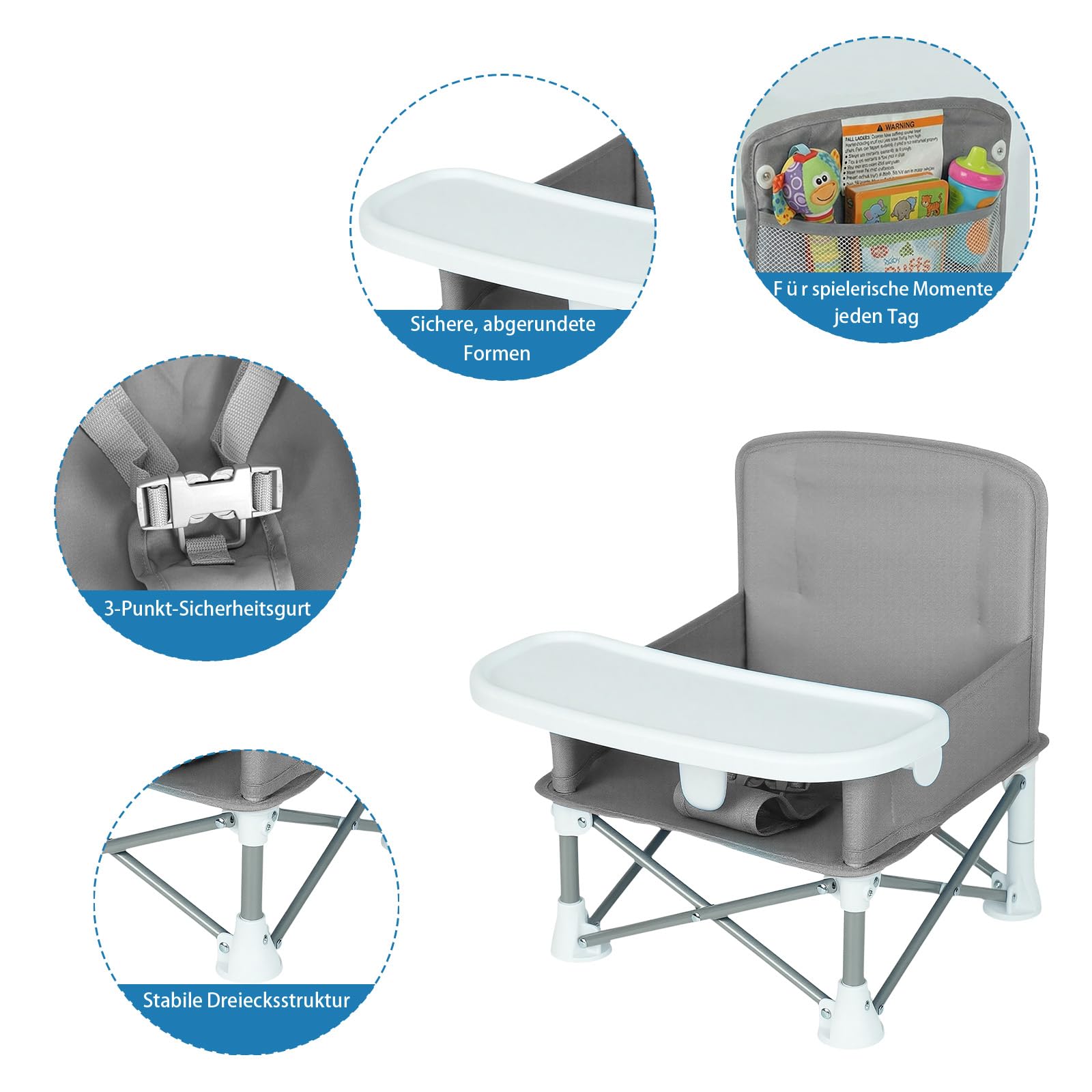 Tragbare Sitzerhöhung mit Futterschale für Babys Booster Stuhl für 6 Monate bis 3 Jahre Kompakter Faltbarer Sitzerhöhung Babystuhl Reisestuhl