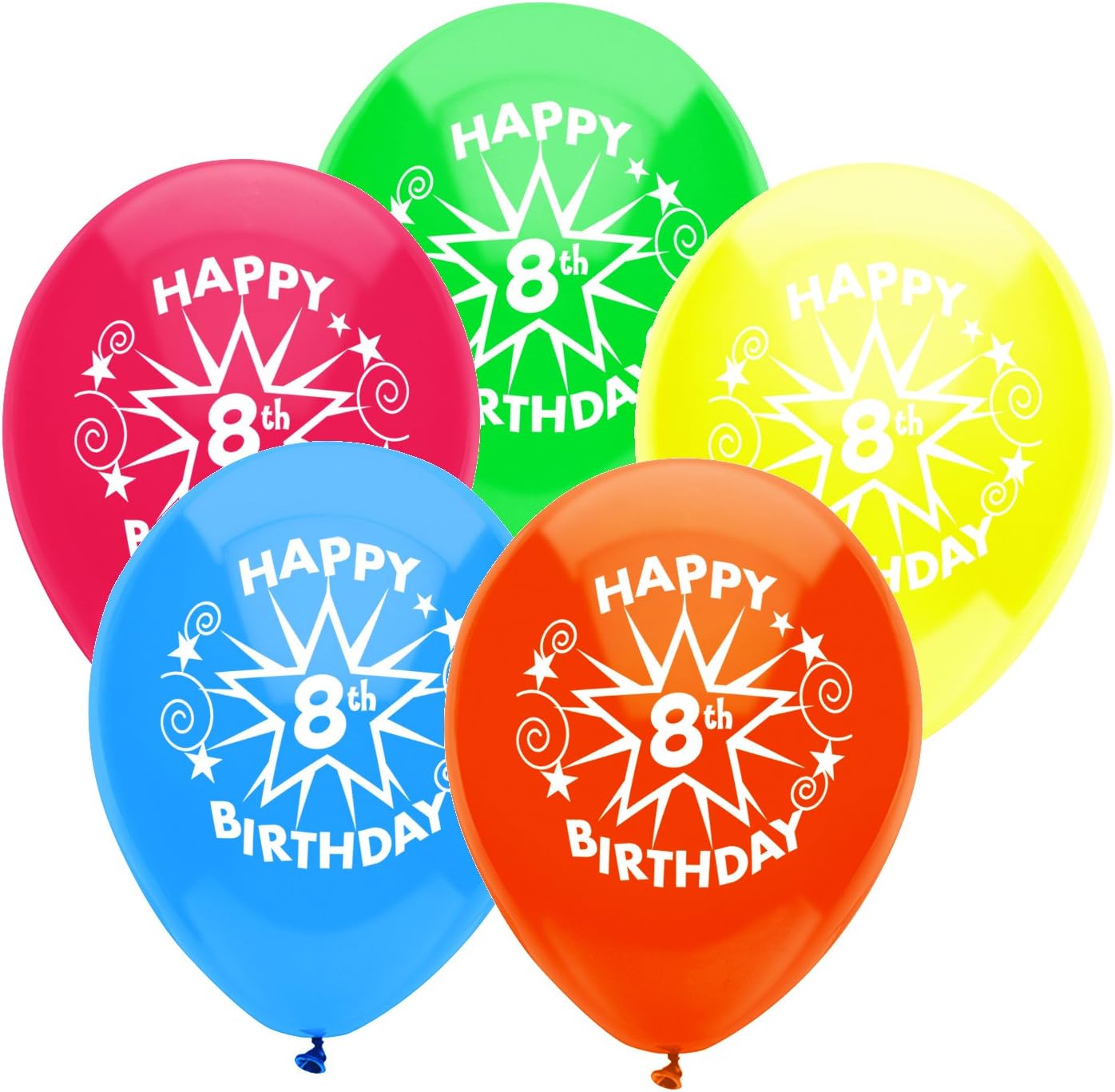 8th Birthday Star Printed 12-Inch Latex Balloons, 8-Count, Assorted Standard Colors