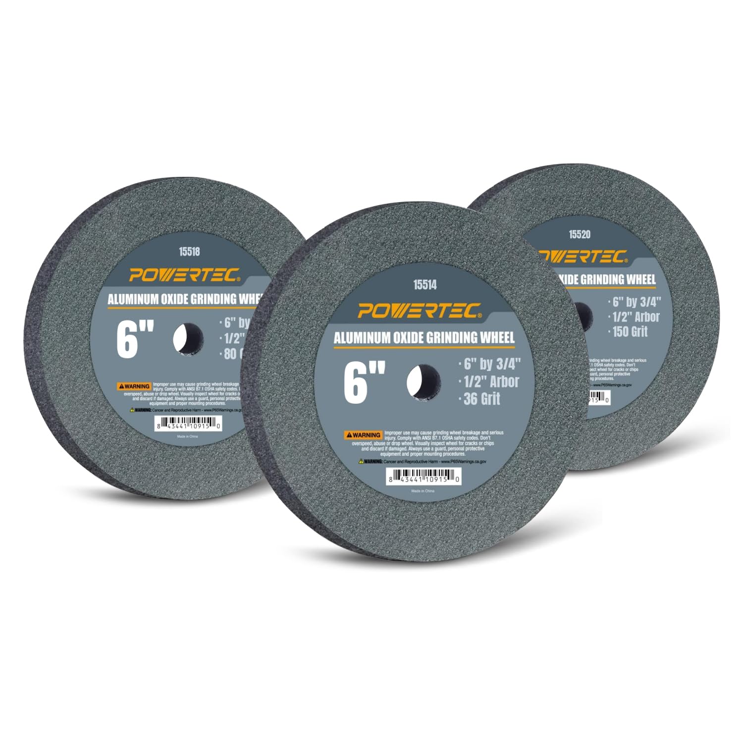POWERTEC 15529 Mole per smerigliatrice da banco e piedistallo, 15,2 x 3/4", 1/2 pergolato, grana 36, grana 80 e grana 150, mola in ossido di alluminio per smerigliatrice da banco, confezione da 3