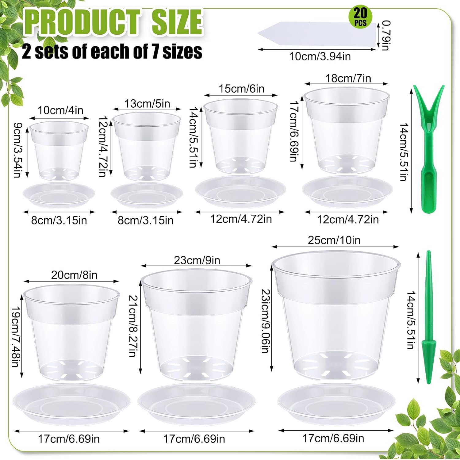 Domensi 14 Pack 4/5/6/7/8/9/10 Inch Clear Plastic Pots Round Large Transparent Nursery Pots with Trays Drainage Hole Variety Flower Pot with 20 Plant Labels 2 Garden Tools for Plant Flower