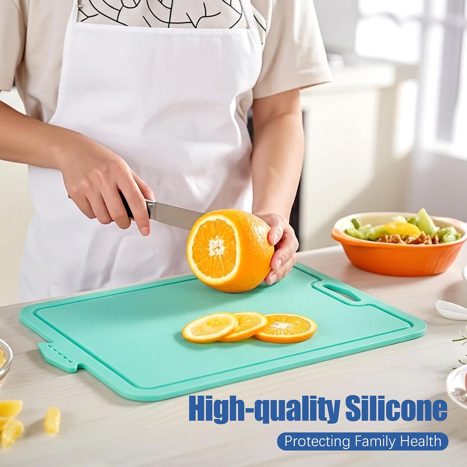 Blue and Green 2 Pcs 14.3'' x 9.8'' Extra Large Thick Silicone Cutting Boards for Kitchen Flexible Cutting Chopping Boards Knife-friendly Non-slip Deep Drip Groove Grip Handle Dishwasher