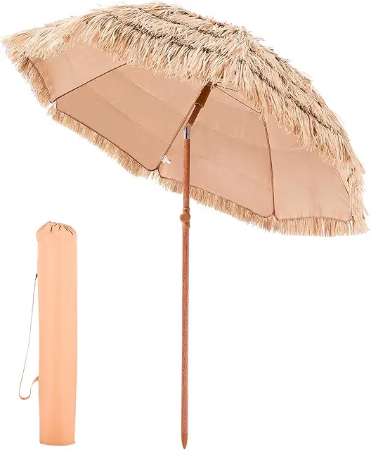 VEVOR Rieten Parasol 2 m met rieten dak, 8 metalen stangen, kantelbaar voor strand en tuin