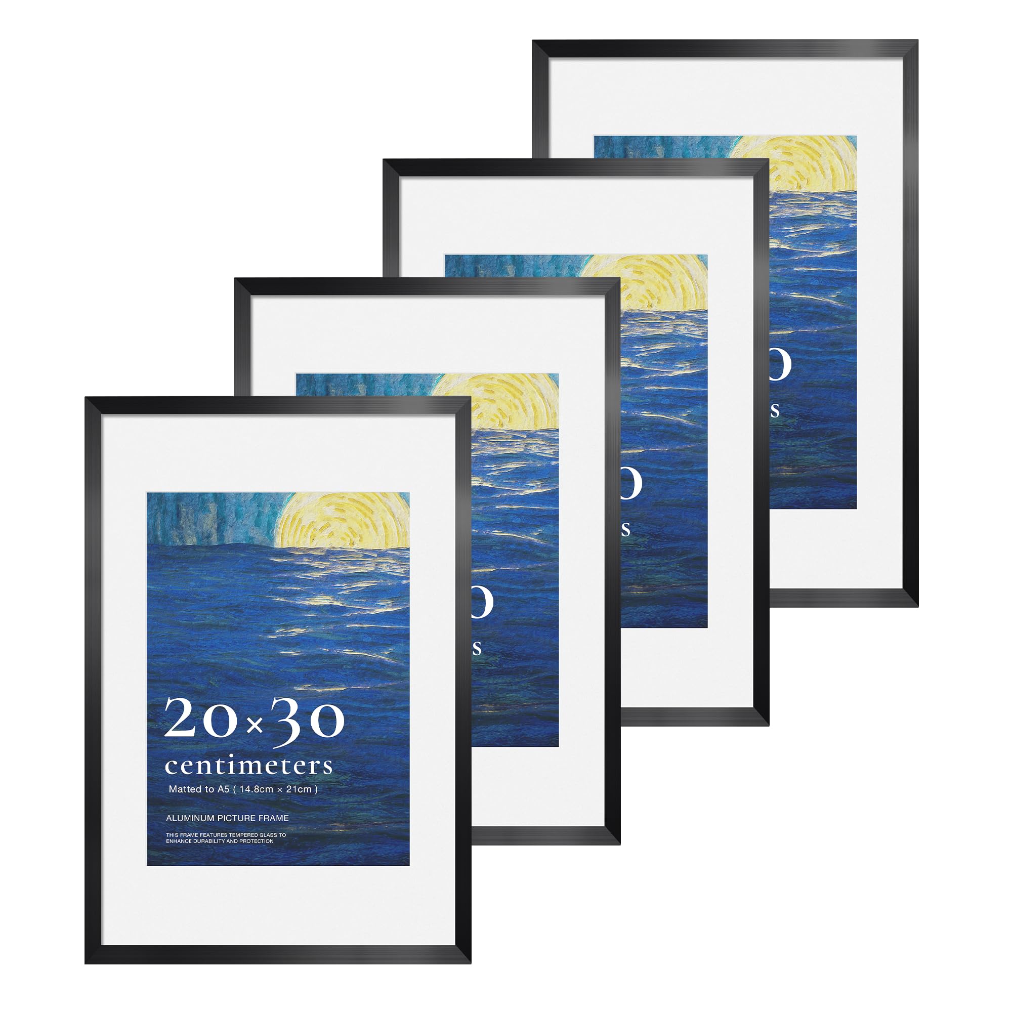 LIVINGTASTE 20x30 cm Aluminum Picture Frame, Brushed Black, with Tempered Glass, 4 Pack, Includes Mat for A5 Photos (14.8 x 21 cm)