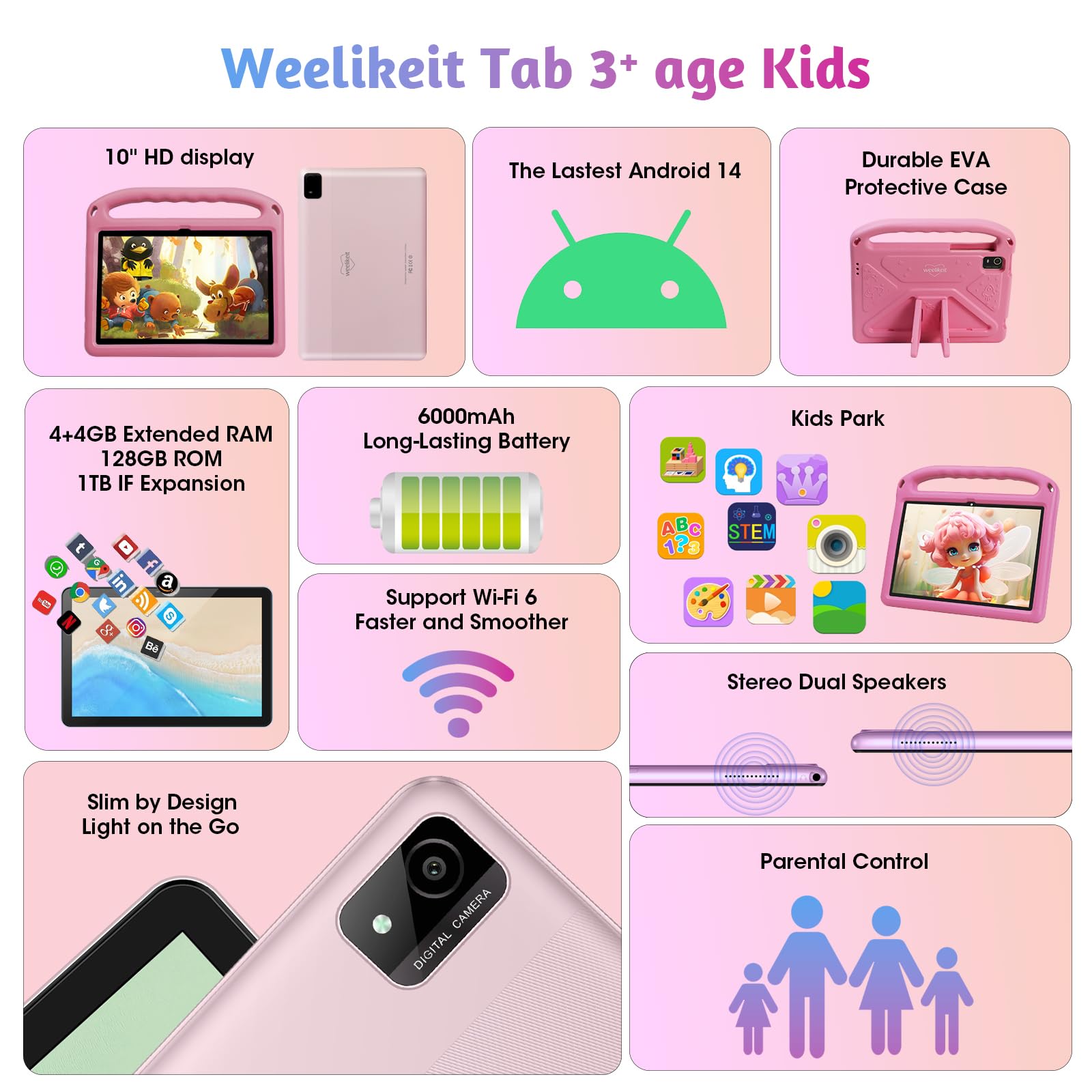 weelikeit 2024 tableta infantil mejorada, Android 14 de 10 pulgadas, 8 GB RAM + 128 GB memoria, batería larga de 6000 mAh, cámaras dual, tableta para niños pequeños, rosada