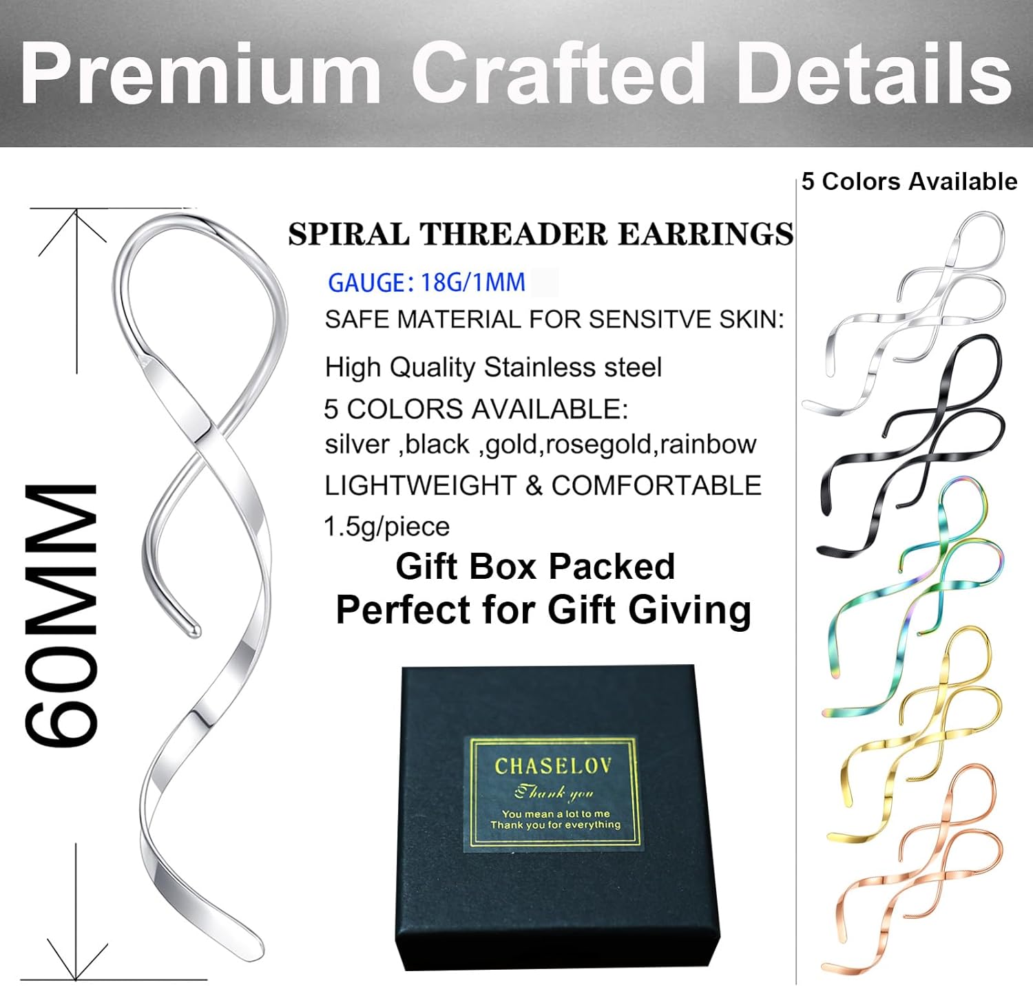 Spiral Threader Earrings, 18G Hypoallergenic 316L Stainless Steel Drop Dangle Handmade Twisted Linear Curved Dangling Minimal Earrings for Sensitive Ear with Gift Box - Image 4