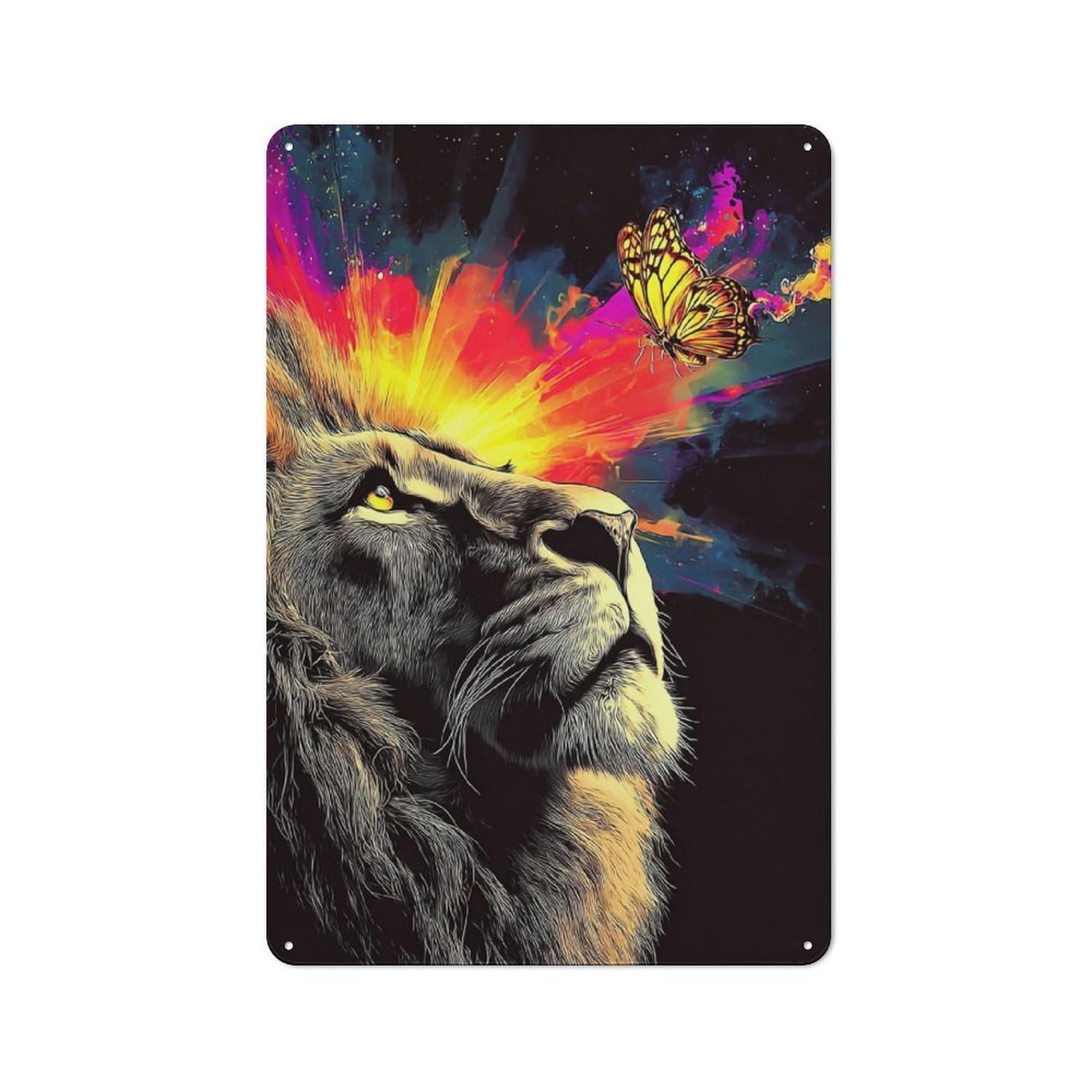 Junmoney Colorful Lion And Butterfly Artwork -1 Metal Plaque With Design 30X20cm, Cosy Diner Style Decor For Coffee Bar, Kitchen, Bistro Or Tea Corner