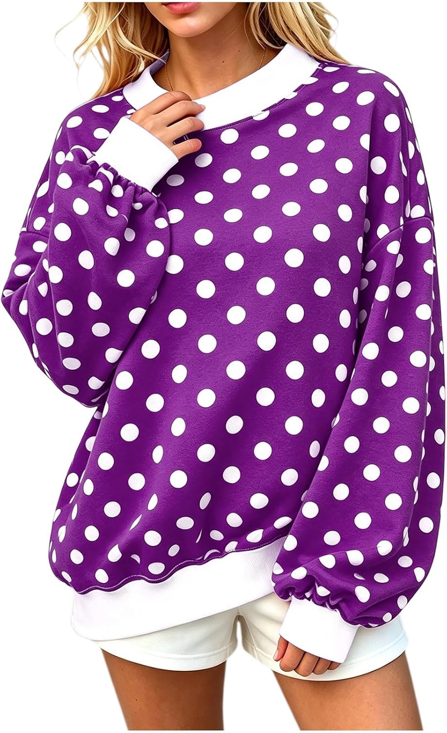 Women's Polka Dot Mock Neck Pullover Lantern Sleeve Loose Fit Tops