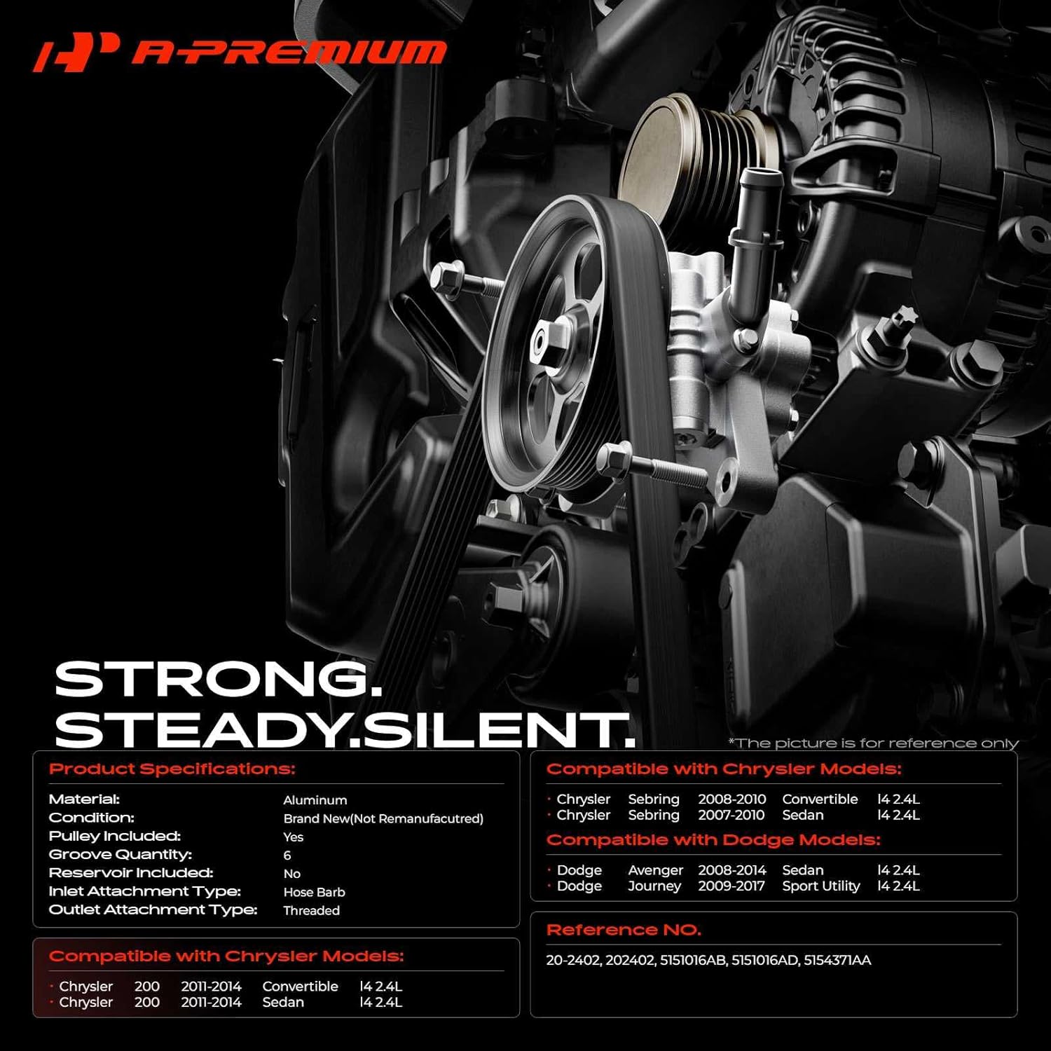 A-Premium Power Steering Pump, with Pulley, Compatible with Chrysler 200 2011-2014, Sebring 2007-2010 & Dodge Avenger 2008-2014, Journey 2009-2020, 2.0L 2.4L, Replace # 5151016AB