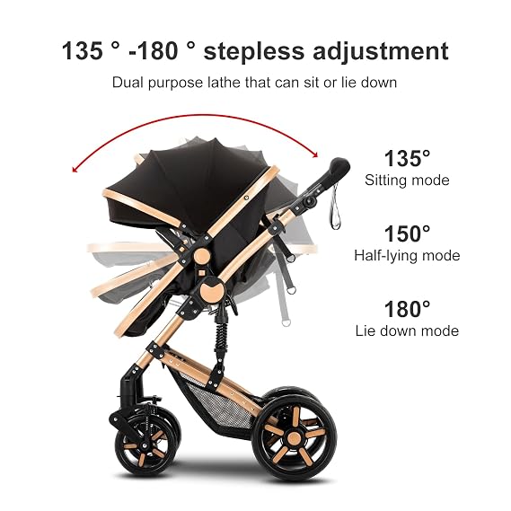 Baby Stroller with Reversible Bassinet, One-Click Folding, Portable Pram Convertible Travel Stroller for Newborns and Toddlers, BlackGold