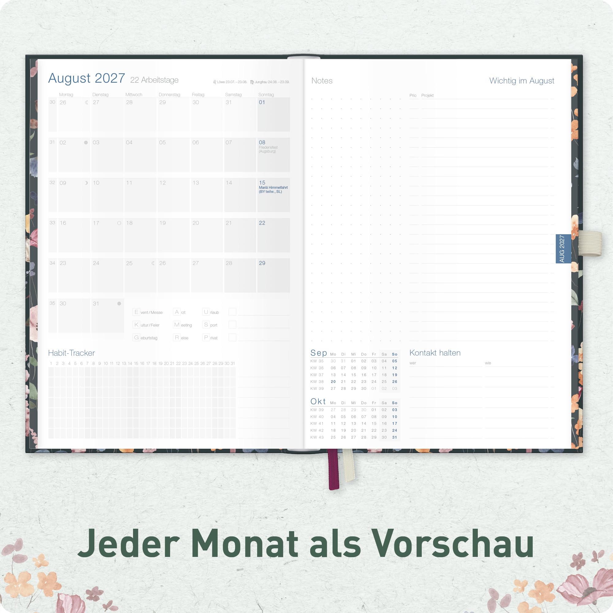 Häfft® Business-Timer Deluxe 2026 2027 A5 für 17 Monate: August 2026 bis Dez. 2027 - Buchkalender, Terminplaner, Wochenkalender, Wochenplaner "Flower Inspiration"