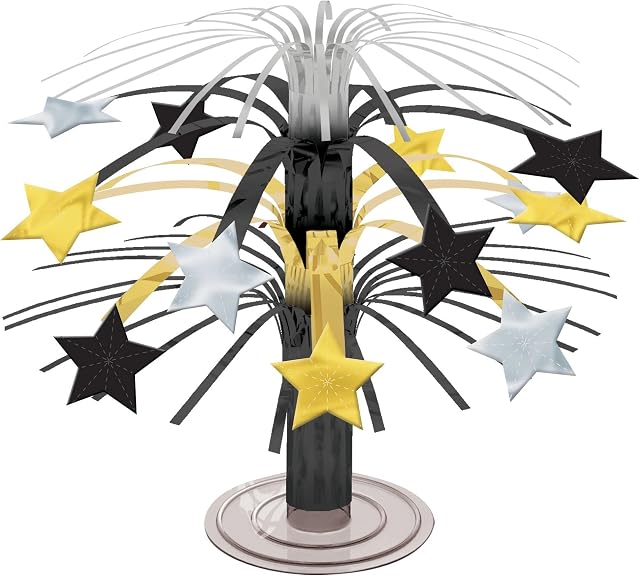 Amscan 240053 Hollywood Mini Cascade Centerpiece (-) Black, Gold, & Silver Stars Centrepiece-19cm-1, Multicolor, 7.5", 1 Pc