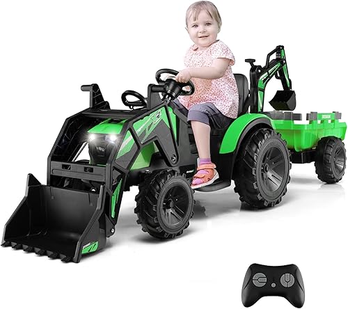 Miniatura 10 de Costzon Tractor de paseo 3 en 1, excavadora y bulldozer, vehículo eléctrico alimentado por batería de 12 V con remolque, cubo de pala, excavadora,