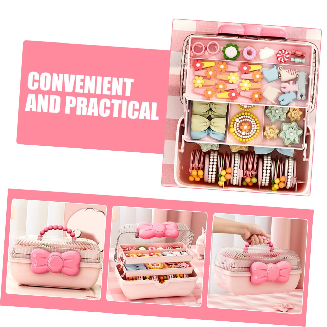 HOMOCONO Adorable Hair Tie Box with Bow Multi Specification Portable Organizer for Hair Accessories Desktop Storage for Jewelry and Items