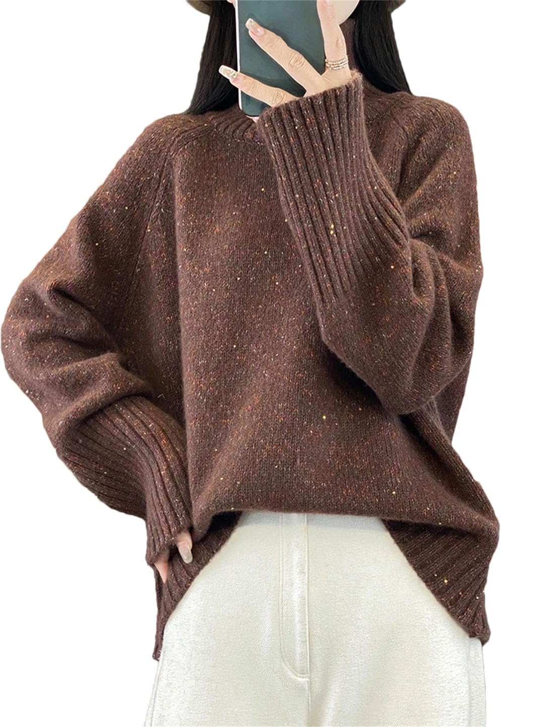 Damski sweter z wełnianym golfem w jednolitym kolorze luźna bluzka plus size