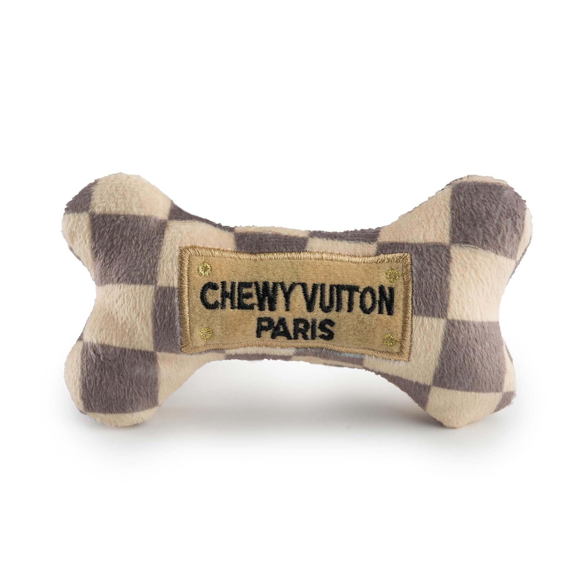 Haute Diggity Dog Checker Chewy Vuiton Bone, Plush Designer Dog Toys with Interactive Squeaker, Stimulating Pet Enrichment, Machine-Washable & Safe Materials for All Breeds, Size Small