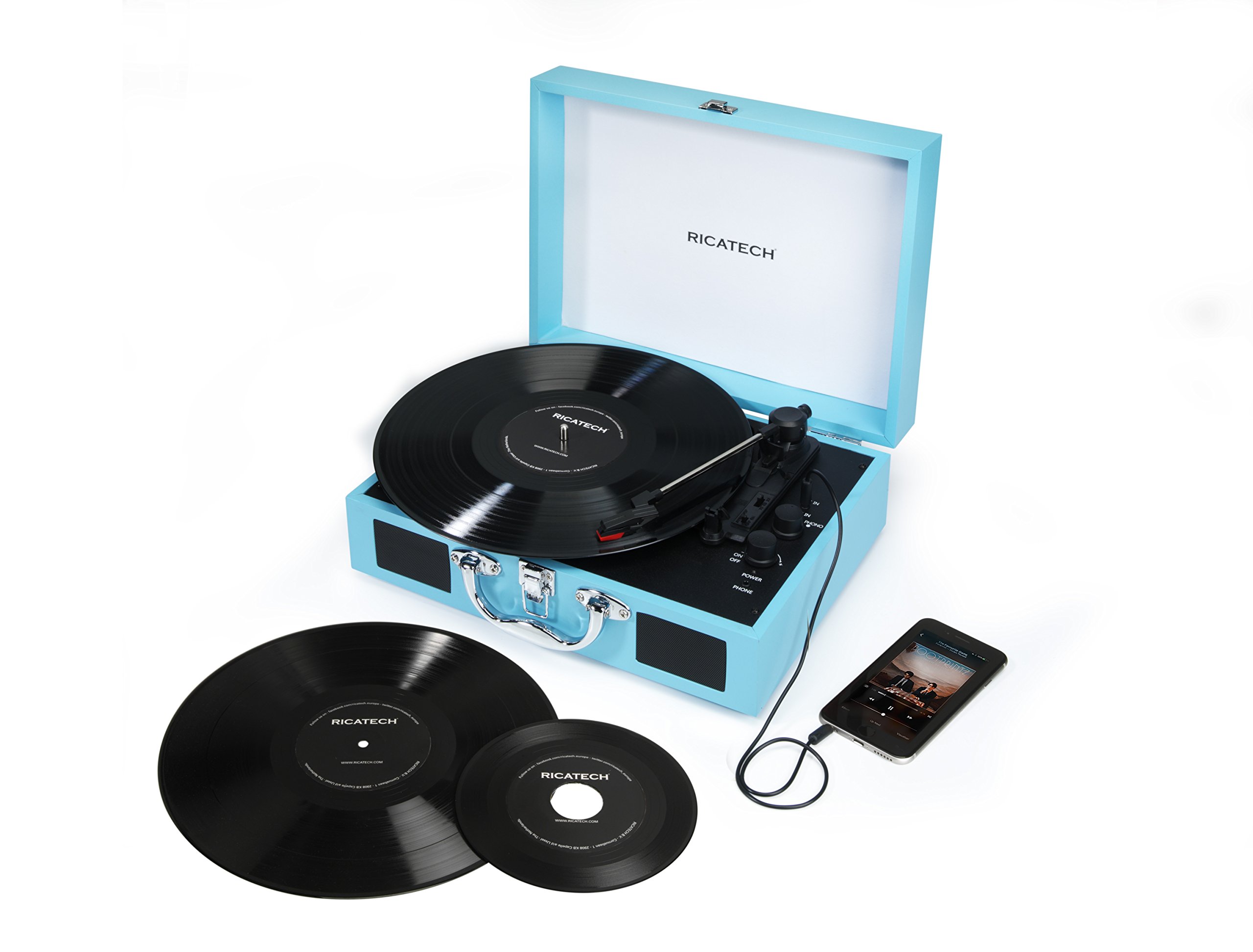 Ricatech RTT21 Tourne-disque, Tourne-disque Portatif Léger Avec des Haut-Parleurs, Trois Vitesses, Bluetooth, Prise Casque, Lecture MP3. Magnifique Valise de Lecteur de Style de Vinyle (Bleu)