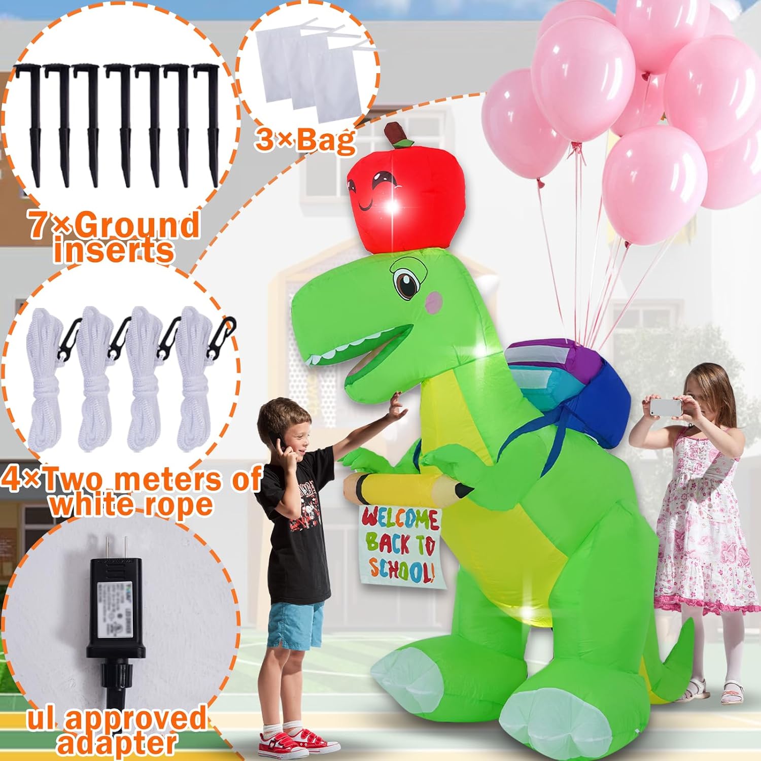 6FT Back to School Dinosaur, Back to School Inflatable Decoration, Outdoor Decoration with LED Lights for Outdoor, Indoor, Patio, Lawn Garden Inflatable Decoration