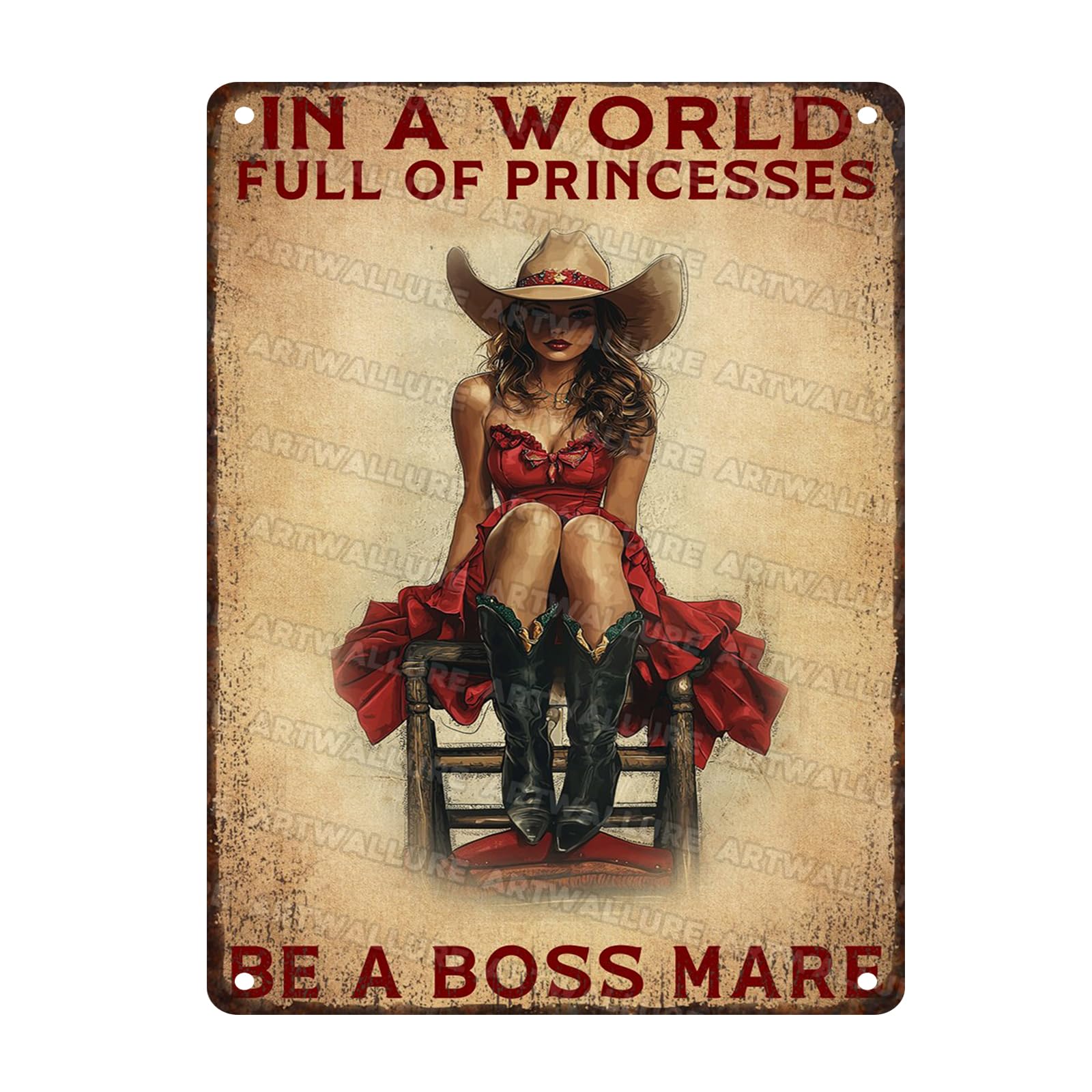 Cowgirl In A World Full Of Princesses Be A Boss Mare Vintage Metal Sign Cowgirl Rustic Wall Decor for Man Cave Bar Shed Cafe Club Decoration 12x16inch