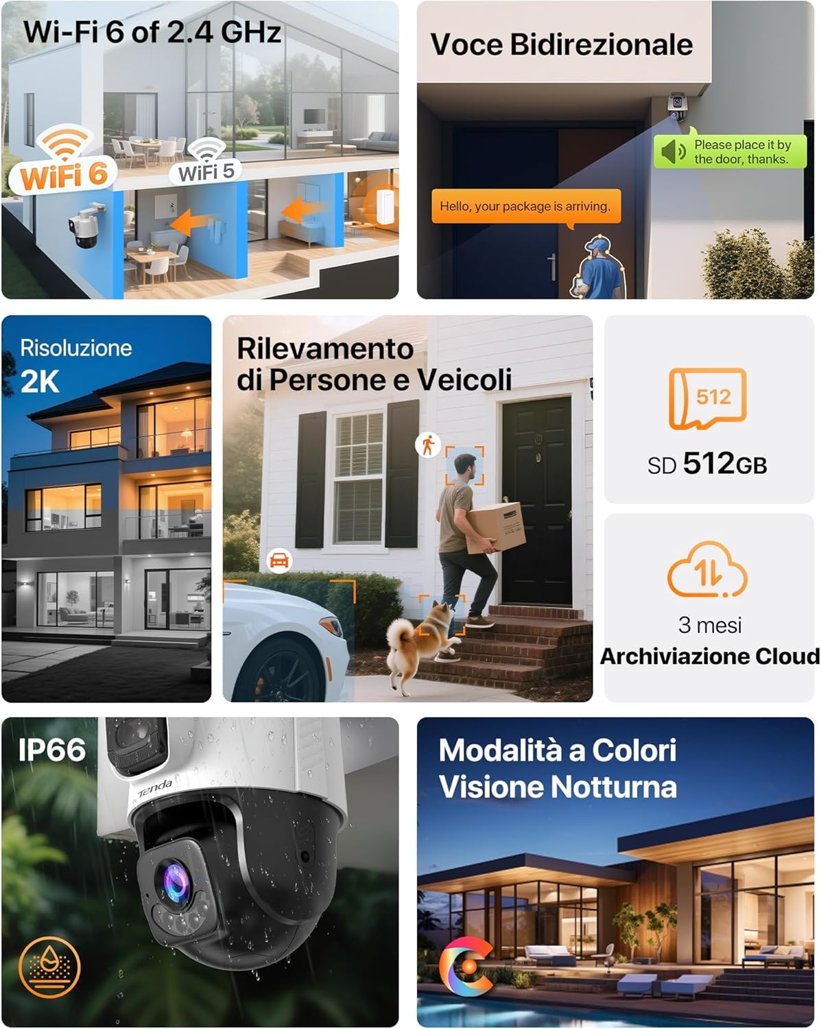 Tenda CH9 Telecamera Wi-Fi Esterno Doppia Lente 2K+2K, Wi-Fi 6 PTZ 360°, Pattugliamento Automatico, Visione Notturna a Colori, Allarme Sonoro/Luminoso, Rilevamento Umano/Veicoli, IP65
