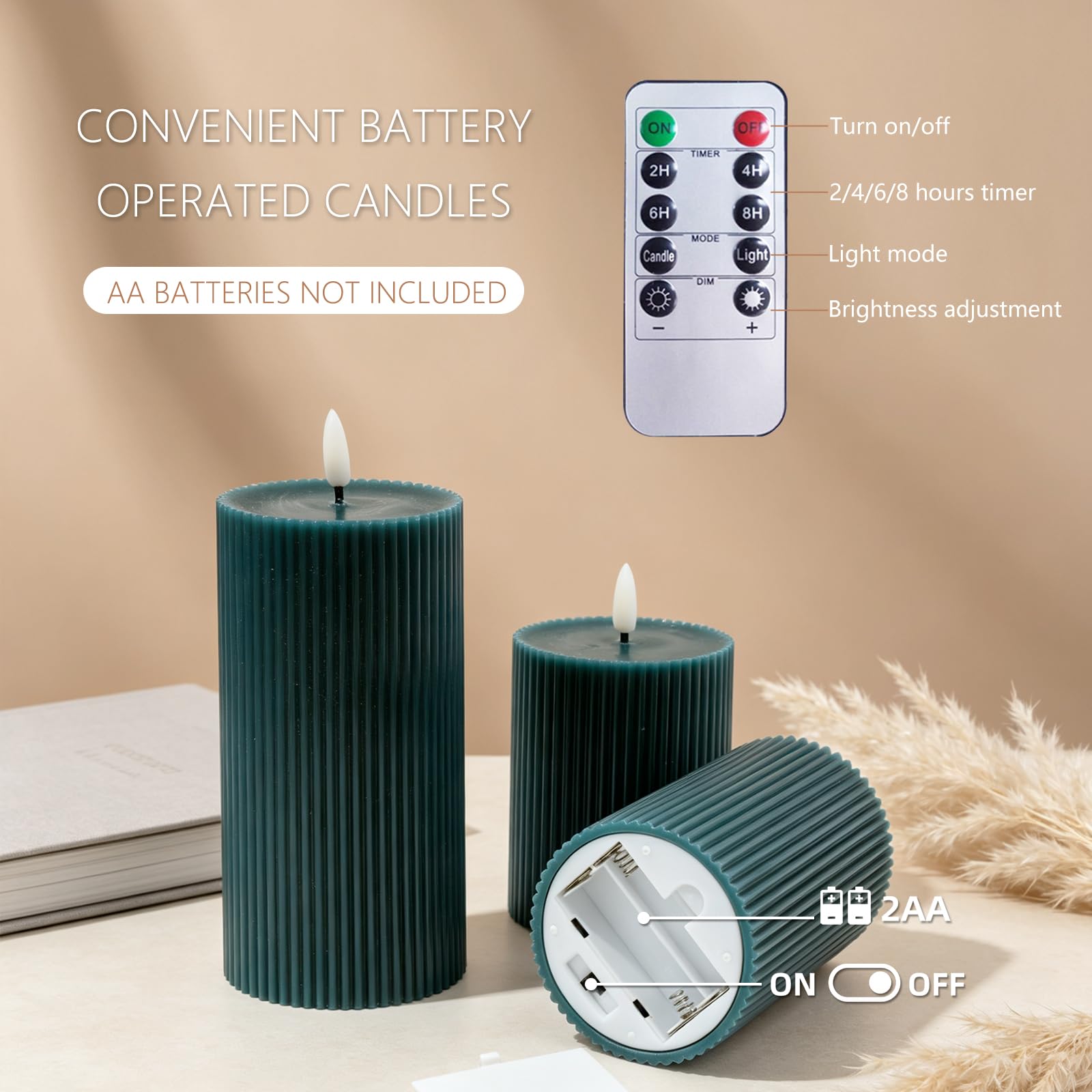 Pack de 3 Velas LED, LED Velas sin Llama, Llamas Parpadeantes Efecto de Llama Real, Material de Cera Auténtica, Funciona con Control Remoto y Temporizador, Velas Decorativas de Pilas (Verde)