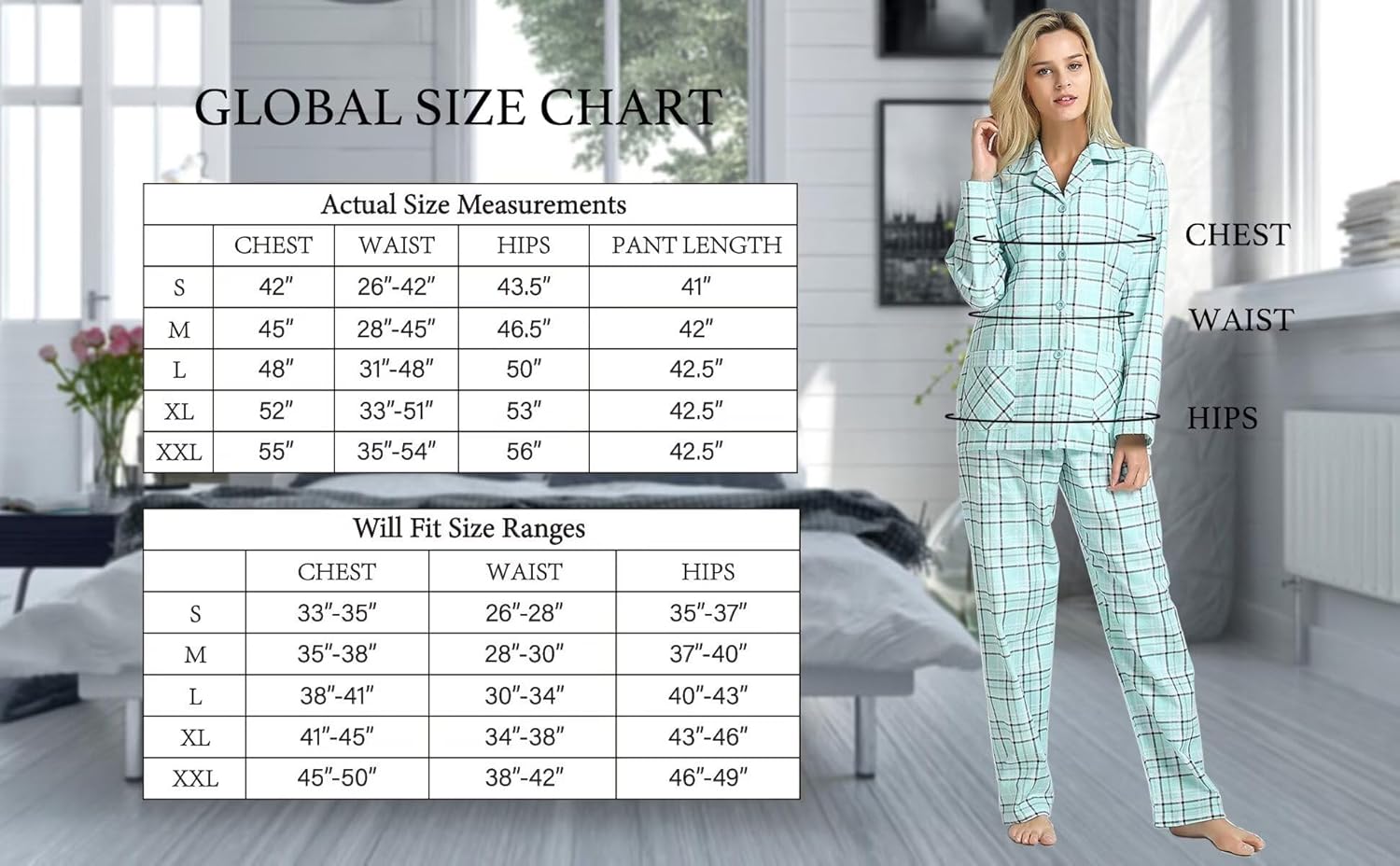 GLOBAL Women's Flannel Pajamas Set 100% Cotton PJs for Women Long Sleeve Button Drawstring Waist Warm Loungewear Sleepwear - Image 3