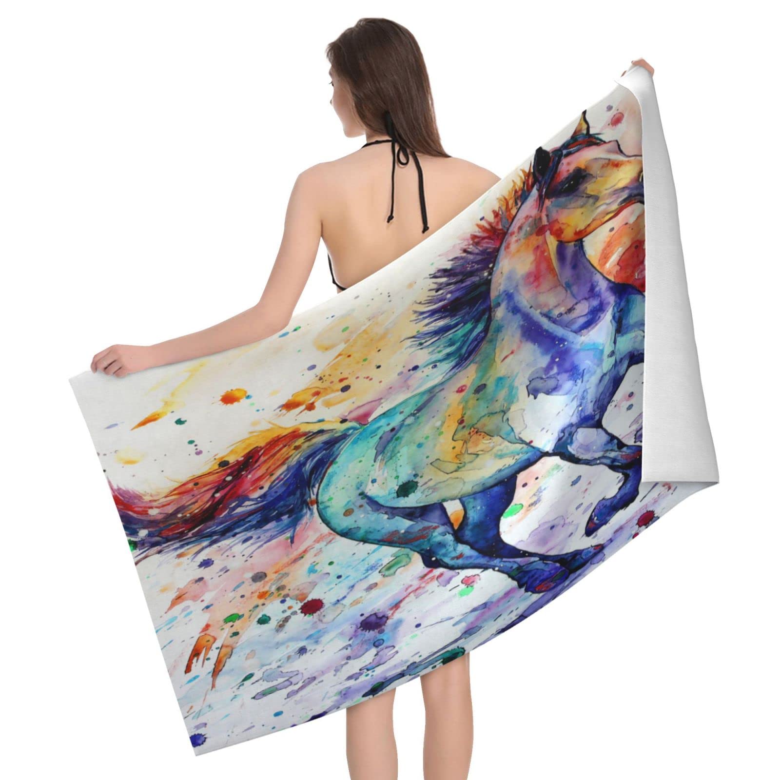 Lawenp Watercolor Running Horse Beach Towel, Lightweight Sand Free Quick Dry Microfiber Absorbent Bath Towel for Kids, Adults, Swimming, Bath, Yoga, Pool, Travel, Camping 32"X52"