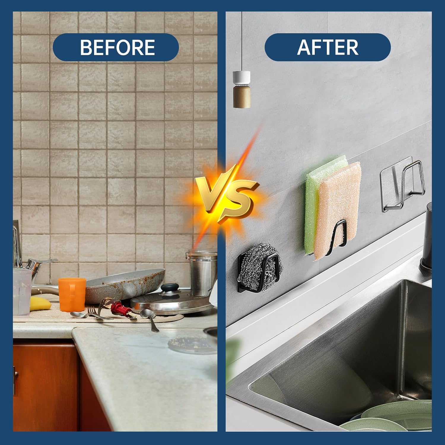 4Pcs Sponge Holder for Kitchen Sink, SUS304 Stainless Steel Adhesive Sink Rack, Rustproof & Waterproof Bathroom Accessories for Sponge Dishcloth Spatula Scissors Keys (Black) - Image 3