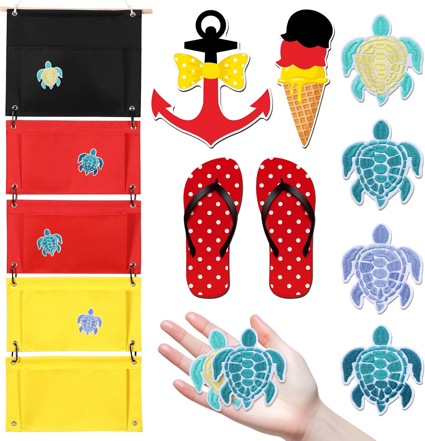 Fish Extender Cruise Hanging 5 Pockets with 4 Pcs Iron on Sea Turtle Patches and 4 Cruise Door Magnets Cabin Storage Bag 2026 Fe for Exchange Gift Pixie Dusting