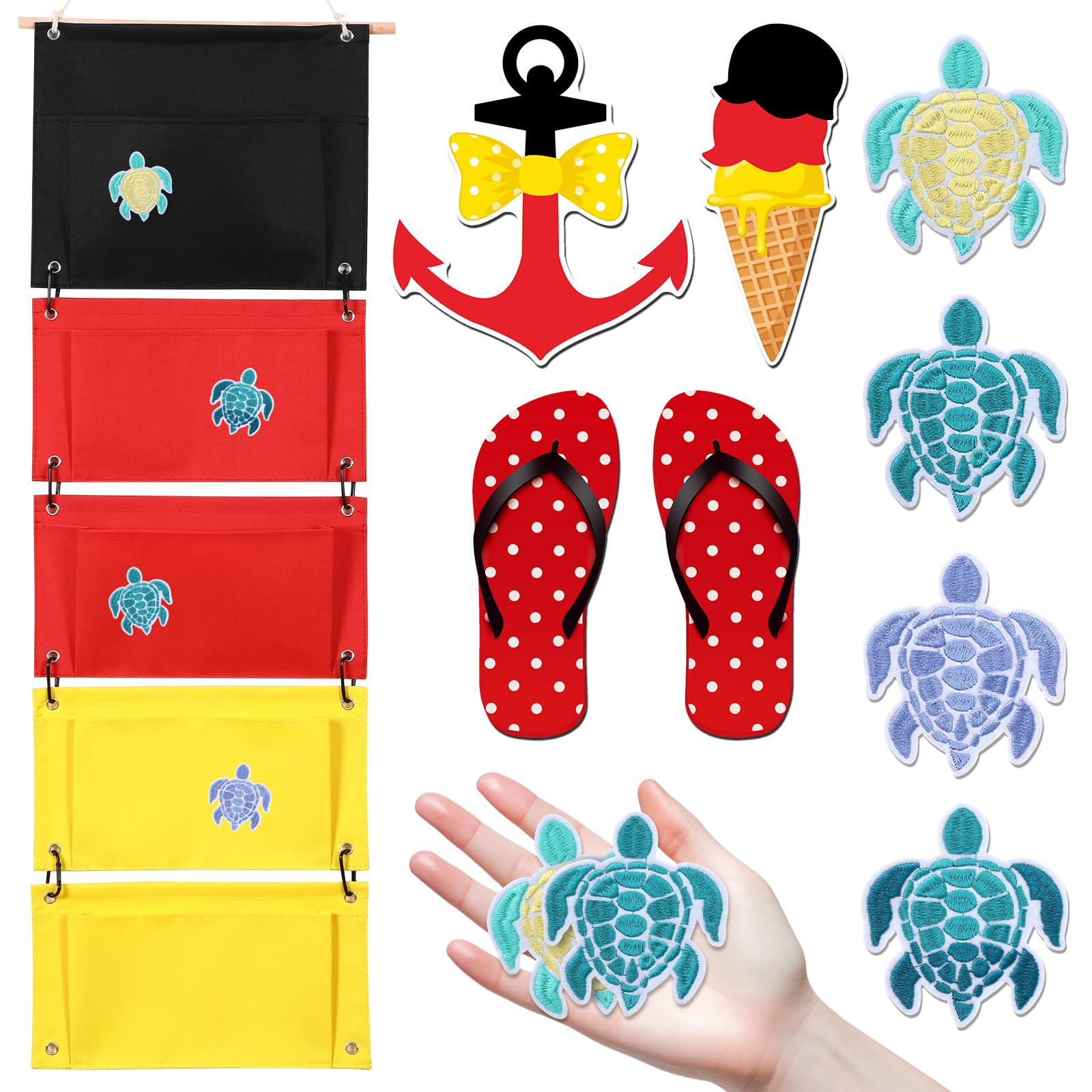 Yeyeplum Fish Extender Gift Hanging Organizer with 5 Pockets and 4 Pcs Iron on Sea Turtle Patches 4 Cruise Door Magnets Cruise Cabin Storage Bag 2025 Fe for Exchange Gift Pixie Dusting
