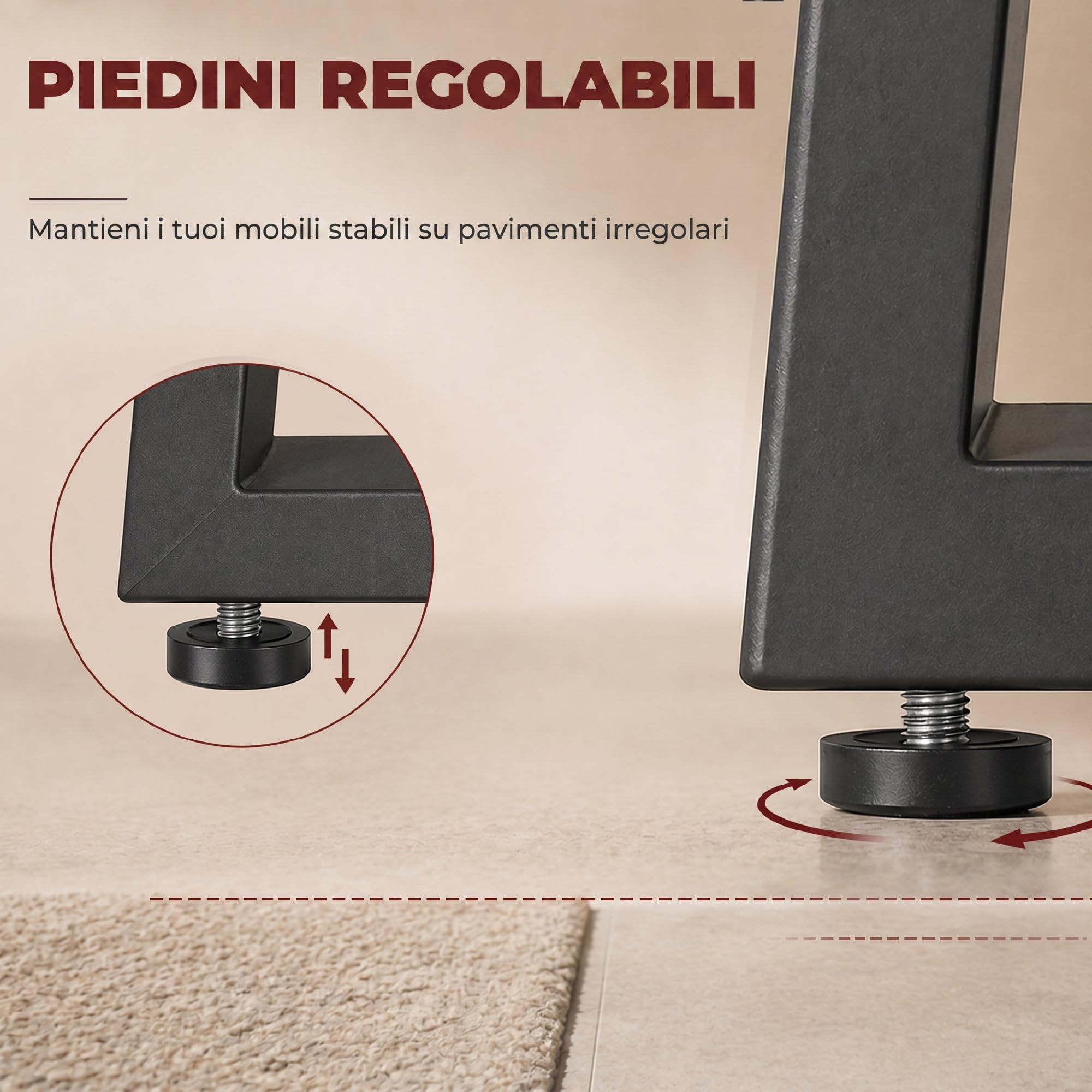 HOMCOM Set 2 Gambe per Tavolo Trapezoidali in Acciaio 60x10x43 cm Nero | Gambe per Mobili, 12 Fori, 12 Viti, 4 Piedini Regolabili, Stile Industriale, Capacità 75 kg, per Panca, Tavolino