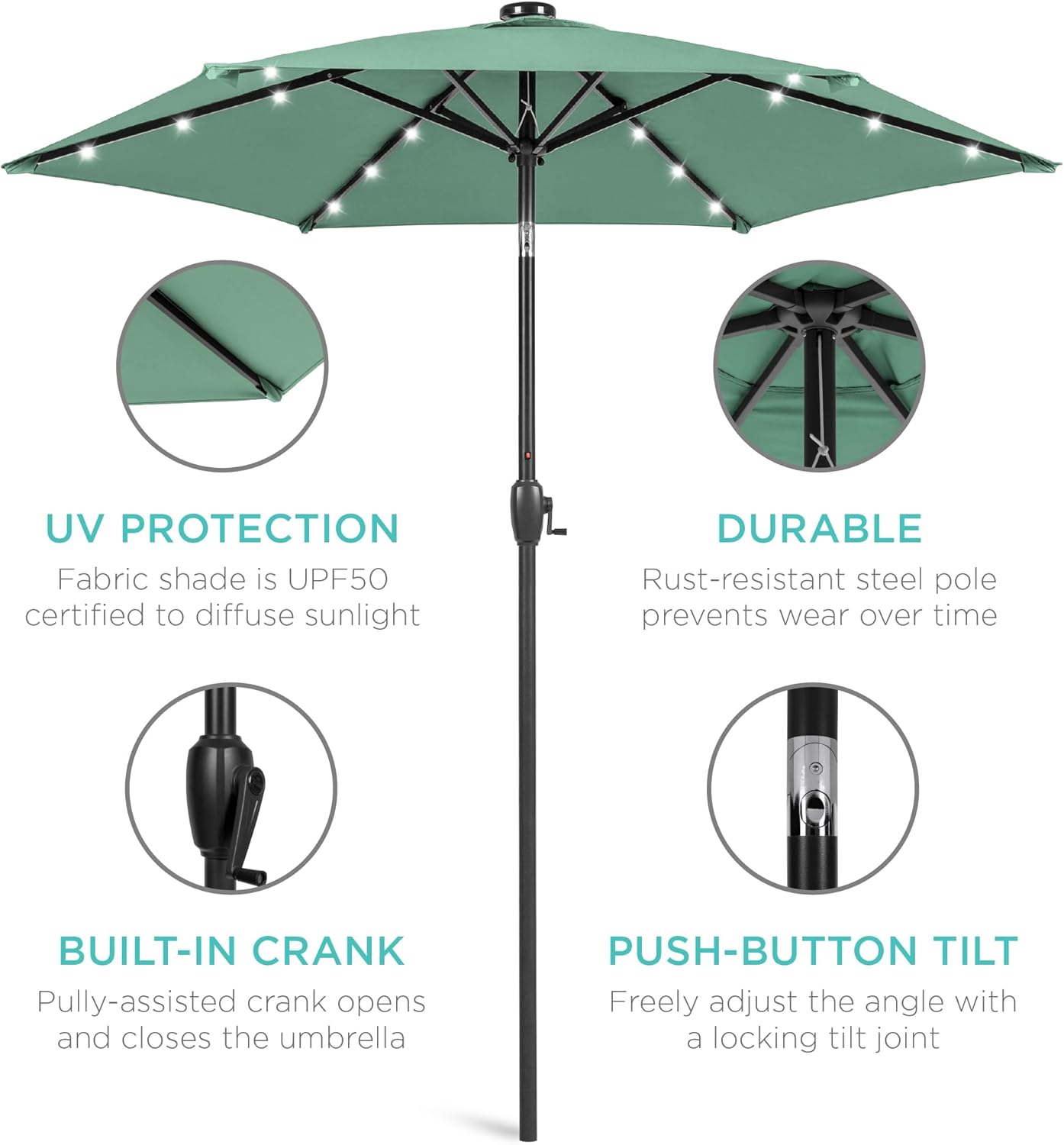 Seaglass 7.5ft Outdoor Solar Patio Umbrella with LED Lights and Steel Pole