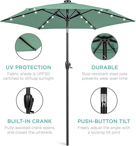 Vista 382 de Best Choice Products - Sombrilla solar de 7.5 pies para exteriores, patio, mesa, mercado, terraza, piscina con inclinación, manivela, luces LED