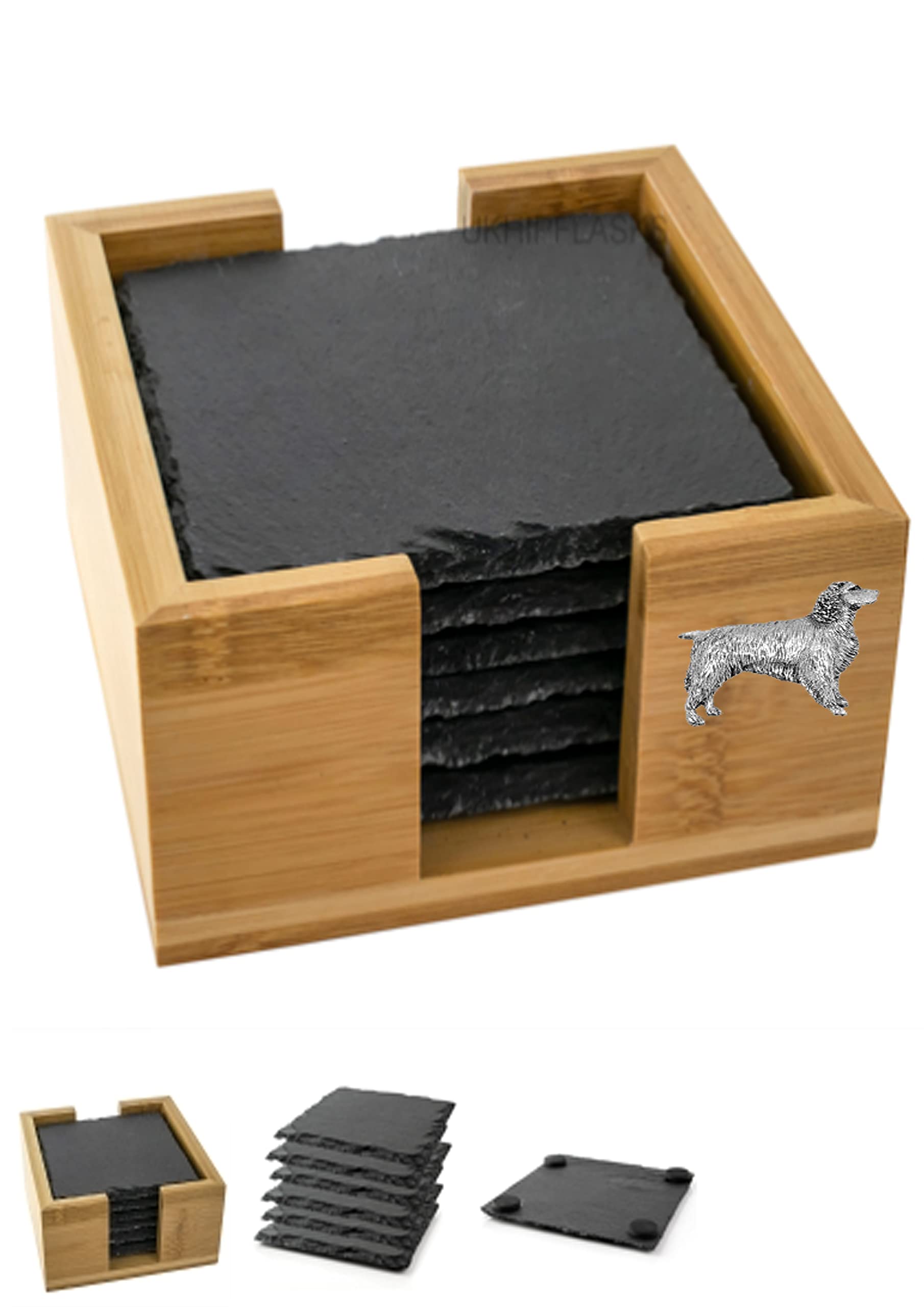 Dessous de verre en ardoise PP-D11 avec support bambou, lot de 6 carrés gravés Springer Spaniel