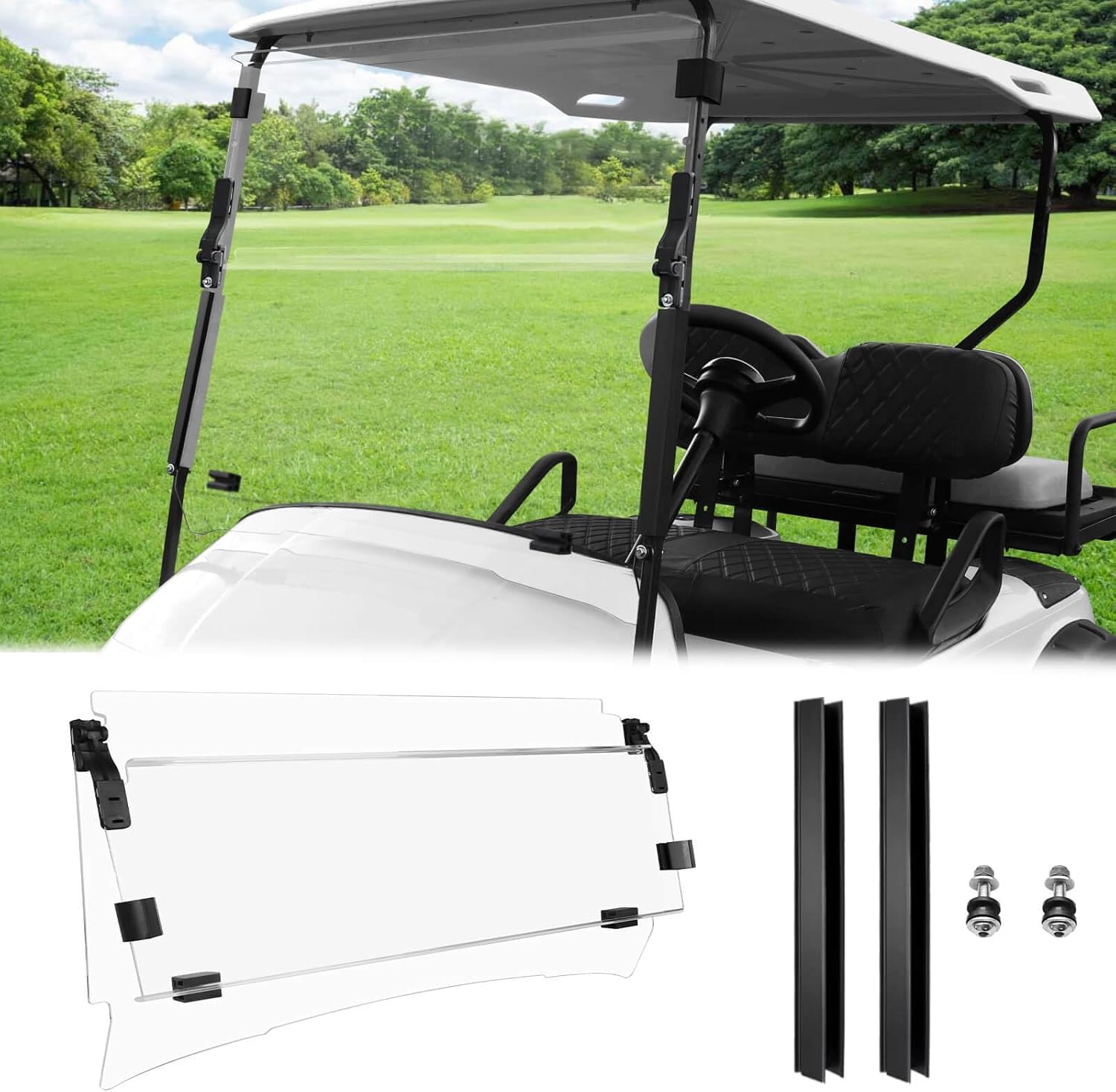 Golf Cart Windshield for EZGO TXT 1995-2013 Golf Cart, Foldable| Clear| Impact Resistant Windshield For EZGO Fit 0.75 Inch Square Strut Window Frame(Tinted)